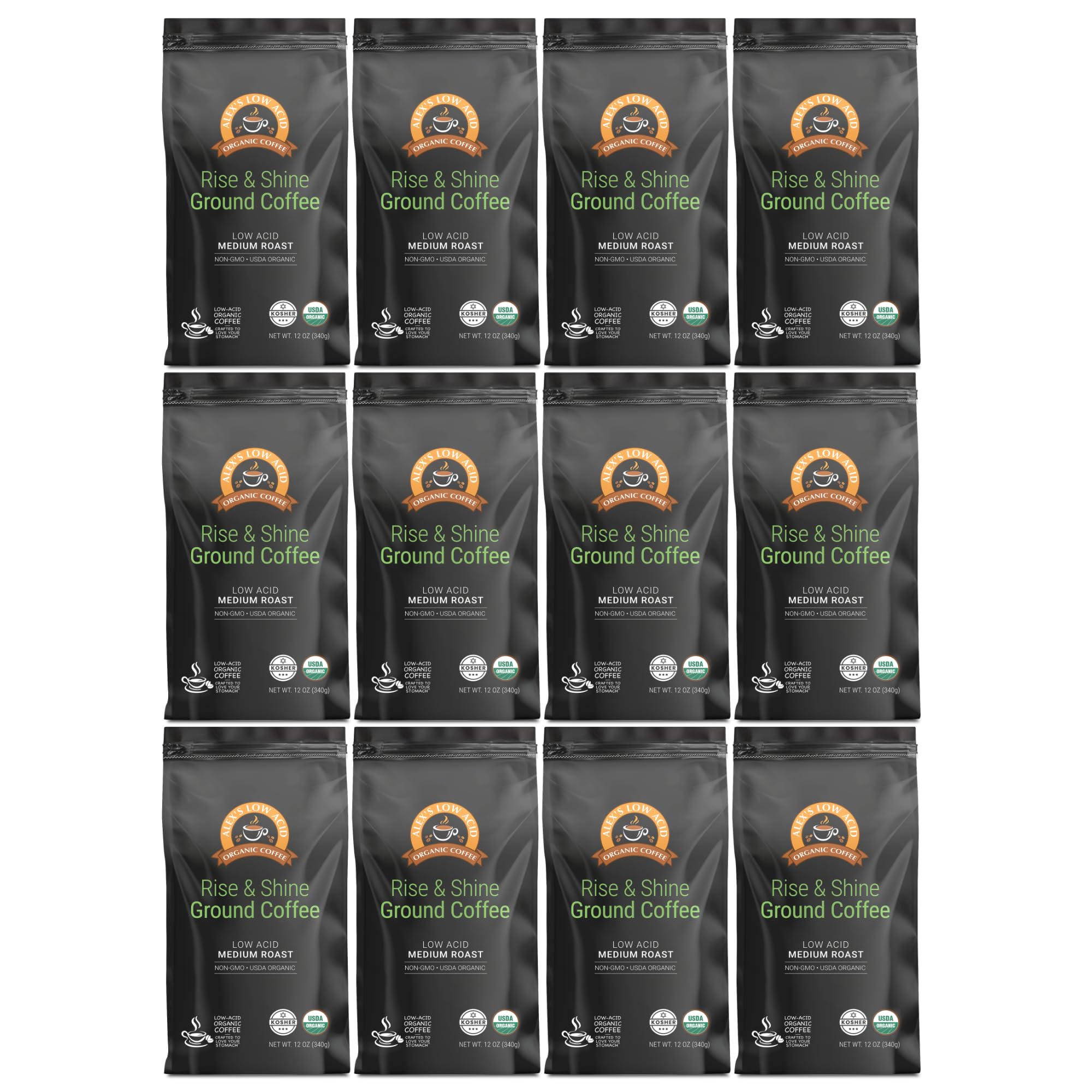 Alex's Low Acid Organic Coffee 12oz Bag - Rise and Shine Fresh Ground (Pack of 12)