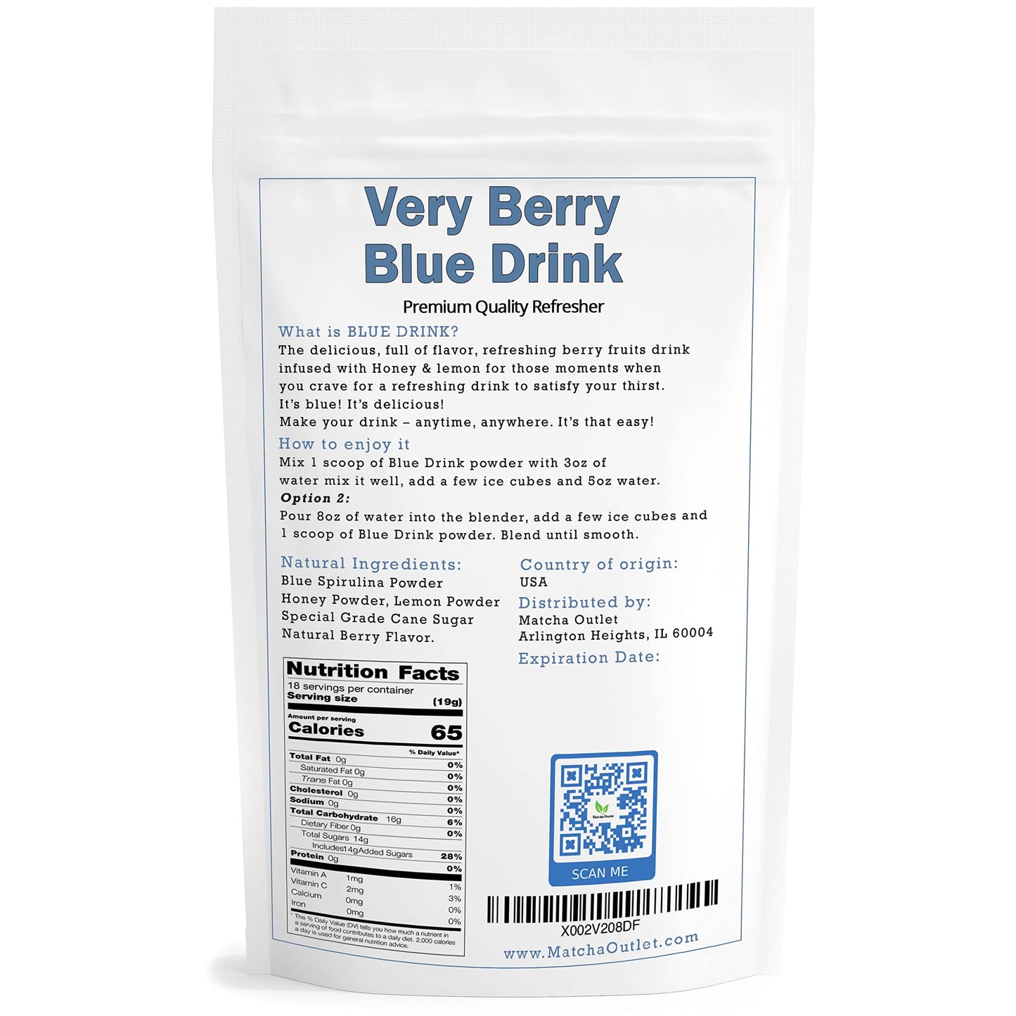 Blue Drink Spirulina Powder, Berry & Honey Powder Drink Mix Refresher 12oz Blue Natural Food Colorant Perfect for Ice Mix Yogurts Baked Treats Loaded