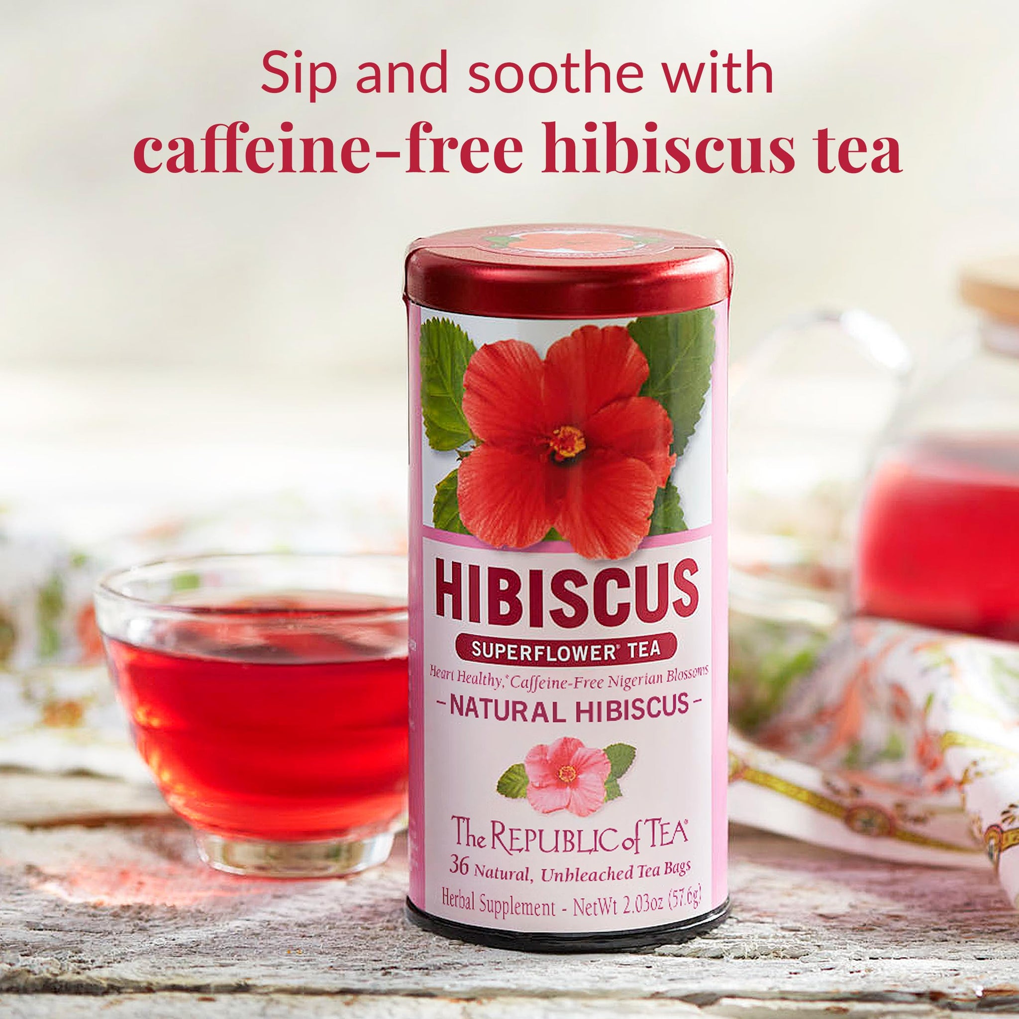 The Republic of Tea - Natural Hibiscus Tea, 36 Tea Bags, Herbal Blend, Caffeine Free, Gluten Free