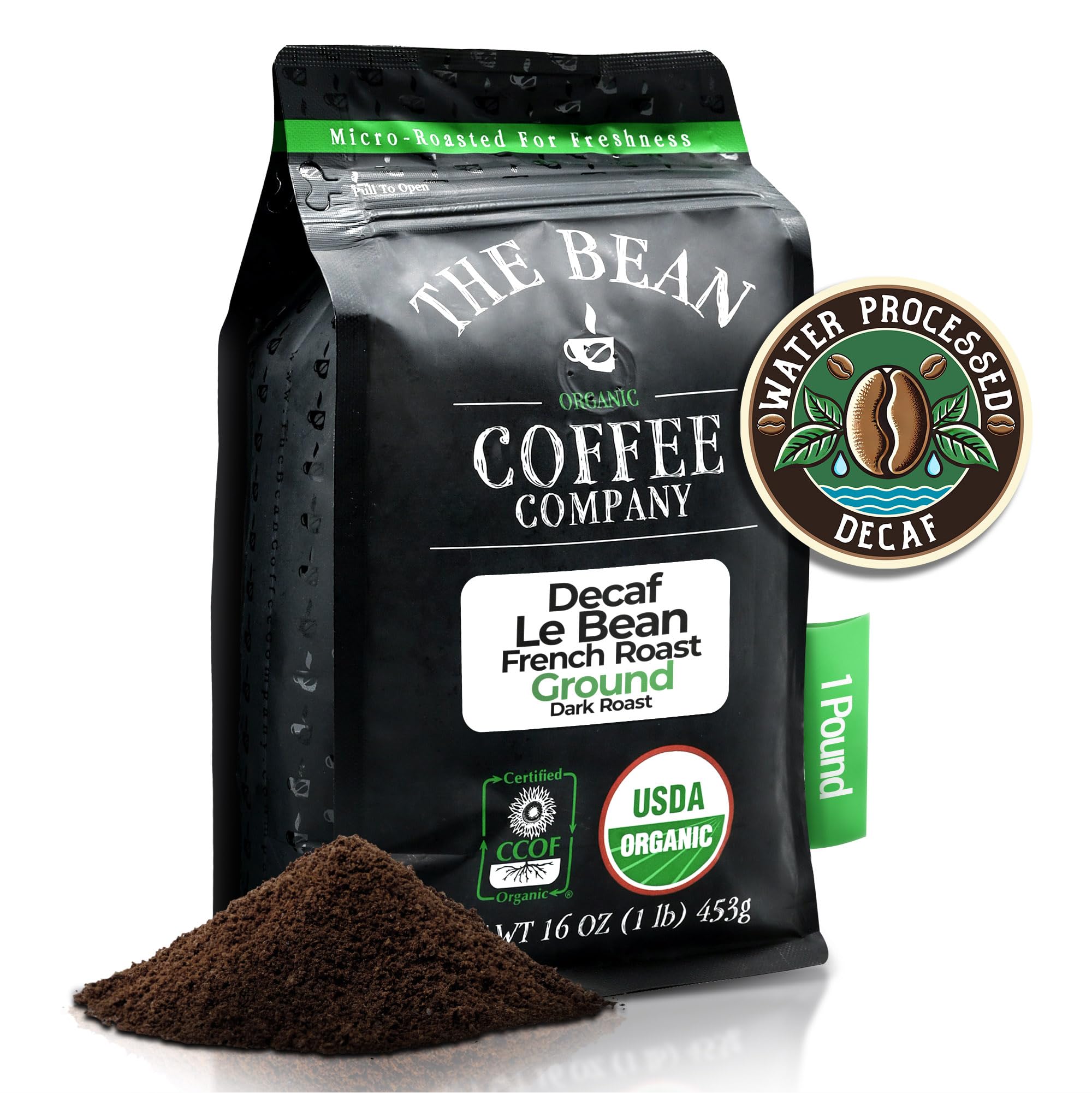 The Bean Organic Coffee Company Water Processed DECAF Le Bean, Dark French Roast, Ground Coffee, 16-Ounce Bag, Café Molido Tostado Orgánico