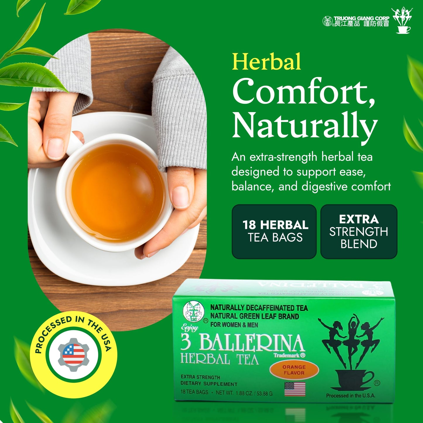 3 Ballerina Diet Tea Extra Strength - Orange-Flavor Herbal Tea Bags for Digestive Comfort and Weight Maintenance - Pack of 1 (18 Count)