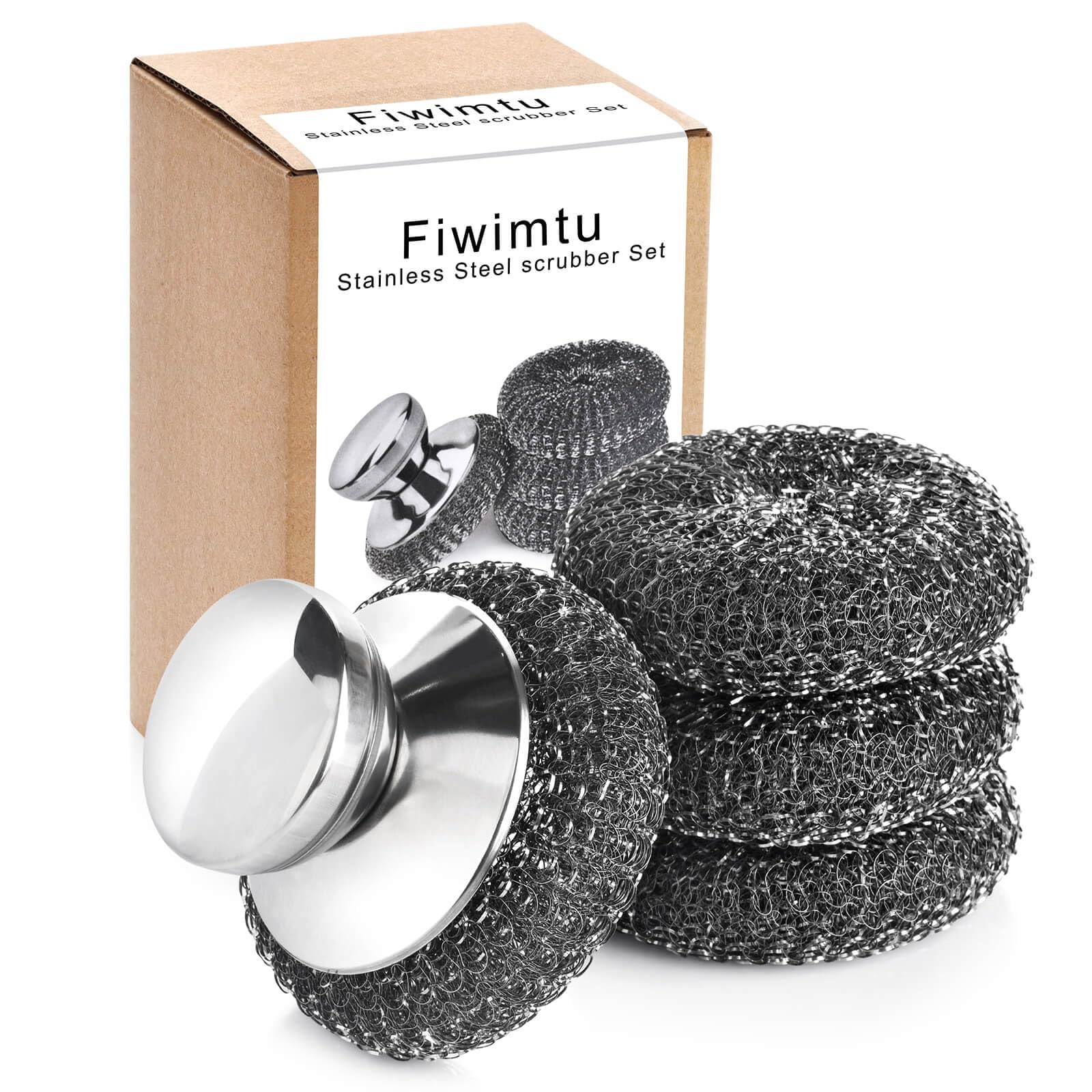 4PCS Steel Wool Scrubber Pads, Stainless Steel Scrubber Set with 3Pcs Steel Wool Pads, Steel Scrubber for Dishes, Ideal for Cleaning Cast Iron, Pots