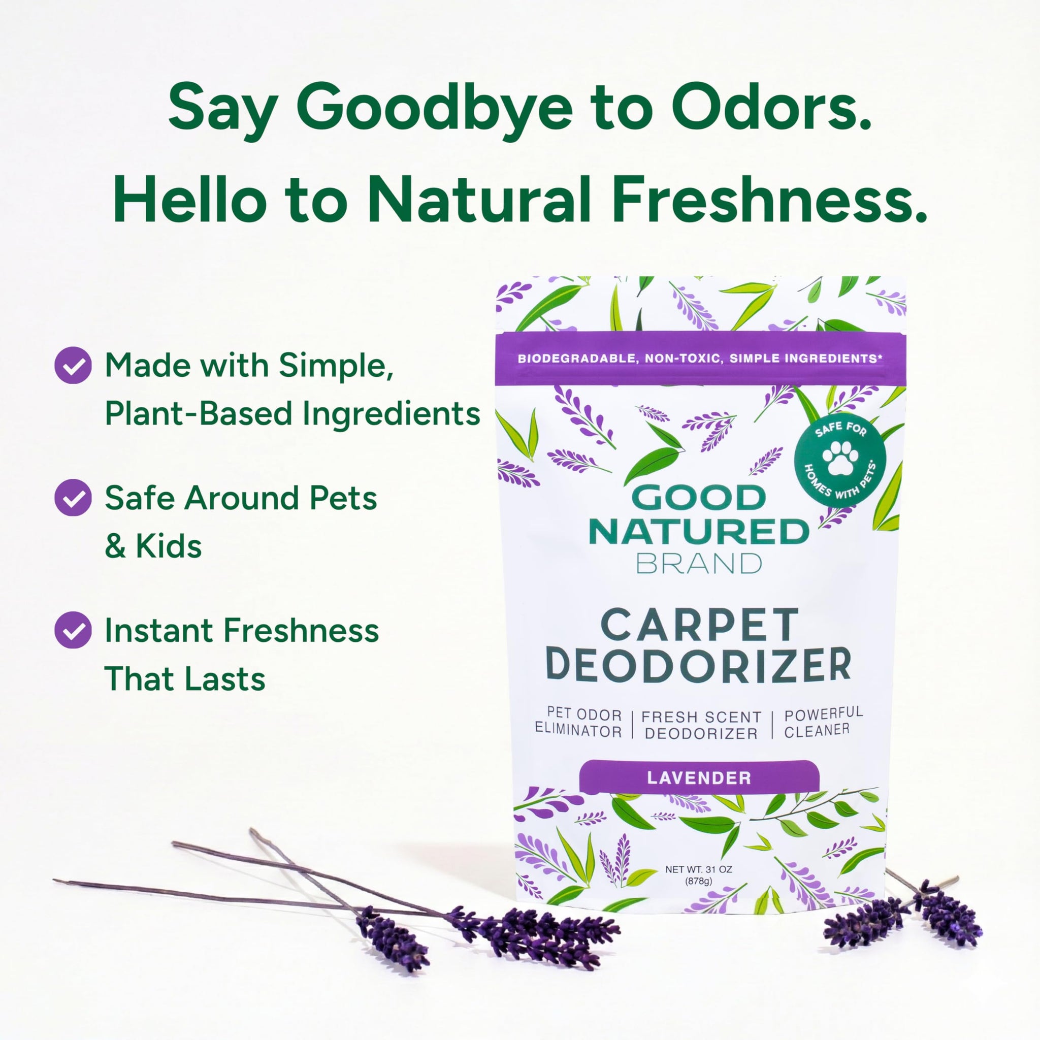 Good Natured Brand | Carpet Deodorizer & Freshener Powder | 31 oz Pet Odor Eliminator for Strong Odor & Pet Urine | Fresh Natural Lavender Scent |