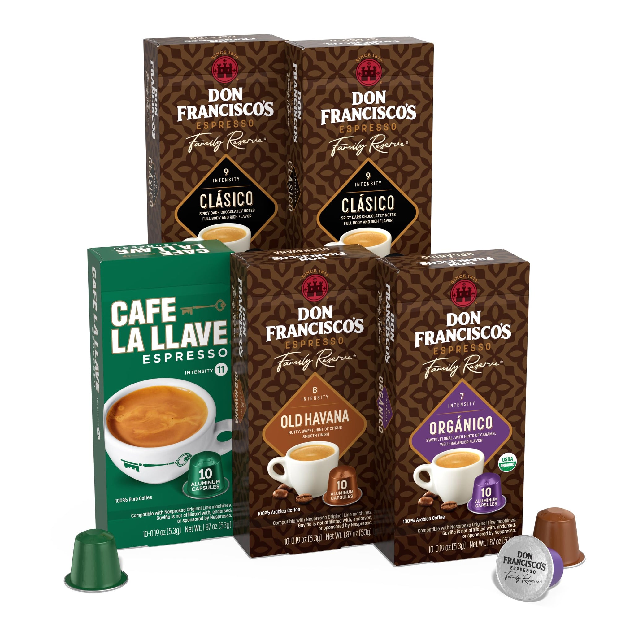 Don Francisco's and Cafe La Llave Espresso Capsule Variety Pack - 50 Recyclable Aluminum Pods Compatible with Nespresso Original Line Machines