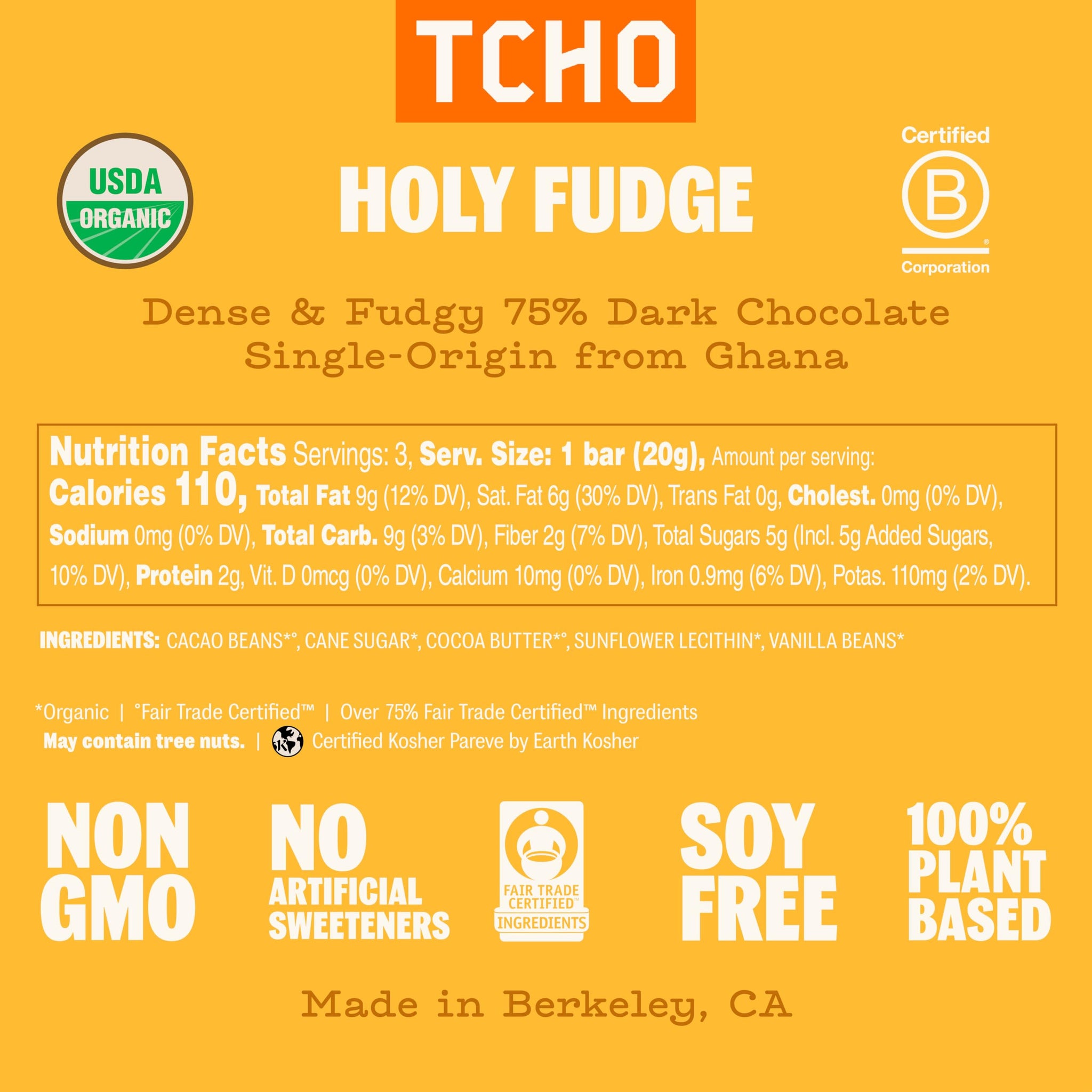TCHO Holy Fudge 75% Dark Chocolate Bars (3 pack) | Single Origin, Plant Based, Organic & Fair Trade | Non GMO, Non-Dairy, Vegan, Soy Free (2.1oz each)