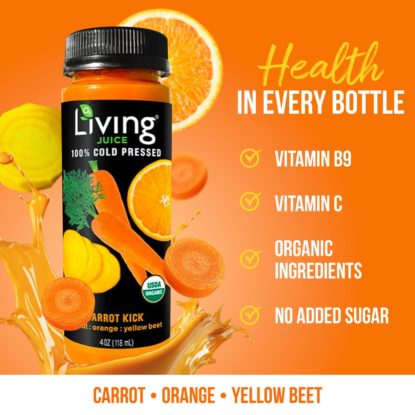 O2 Living Juice Cold Pressed Drink - Carrot Kick Organic Juice Pack - No Added Sugars or Water, Naturally Sweetened from Fruits, Rich in Nutrients