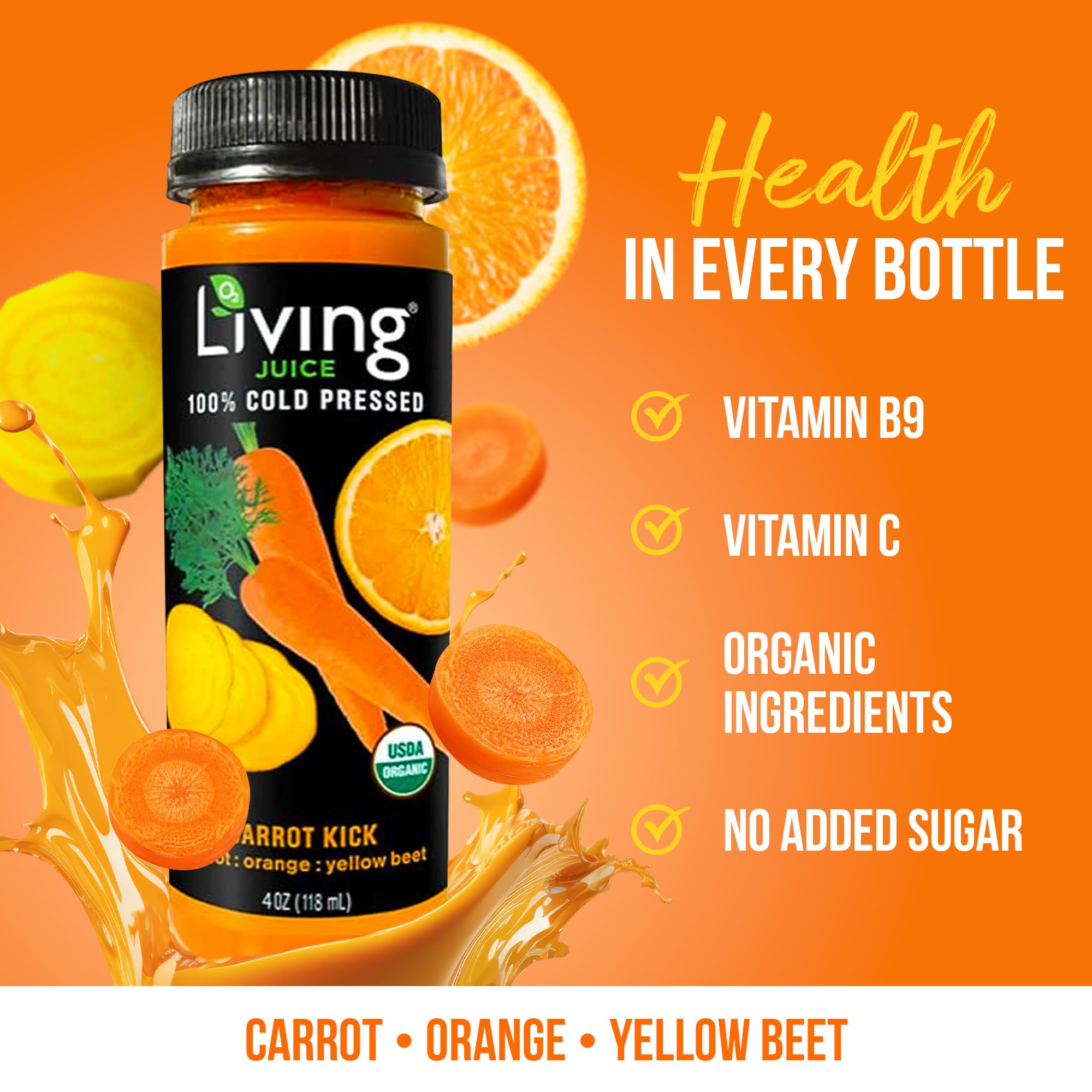 O2 Living Juice Cold Pressed Drink - Carrot Kick Organic Juice Pack - No Added Sugars or Water, Naturally Sweetened from Fruits, Rich in Nutrients