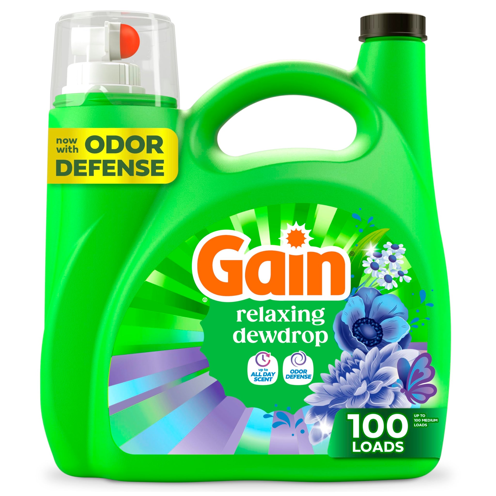 Gain Liquid Laundry Detergent, With Odor Defense, Relaxing Dewdrop Scent, Laundry Soap For HE Washing Machines, 132 fl oz, 100 Loads (Packaging May