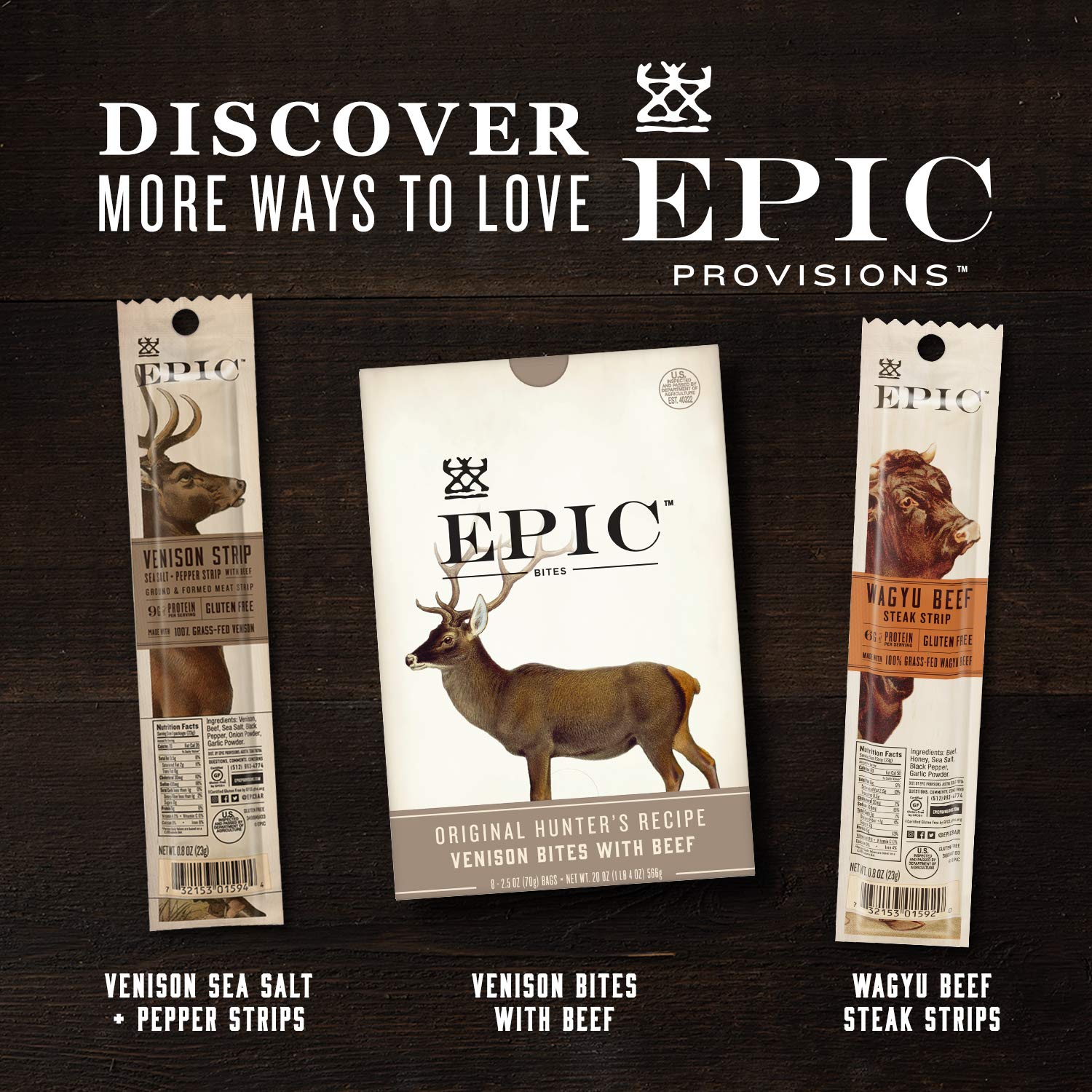 EPIC Bars, Variety Pack (Chicken, Beef, Venison), Keto-Friendly, 12 ct