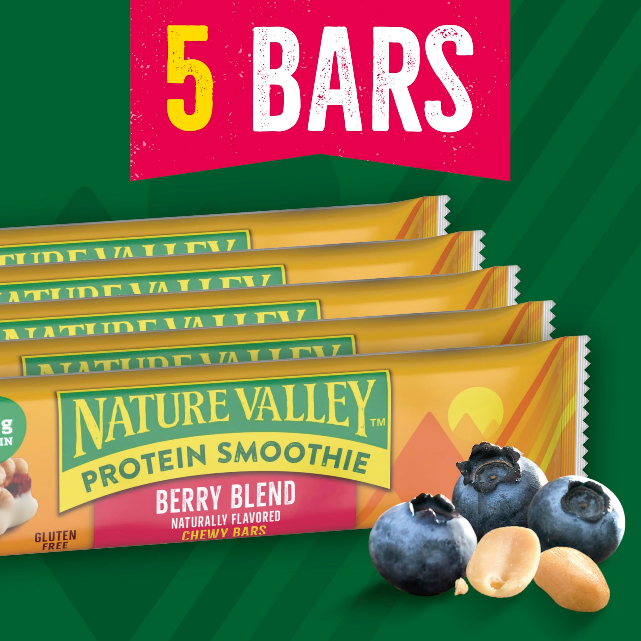 Nature Valley Protein Smoothie Chewy Snack Bars, Berry Blend Protein Bars, 5 Bars, 7.1 oz