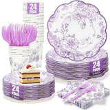 120Pcs Lavender Floral Paper Plate and Napkins Party Supplies | 9''&7'' Disposable Purple White Chinoiserie Scalloped Plates Cups Napkins Forks