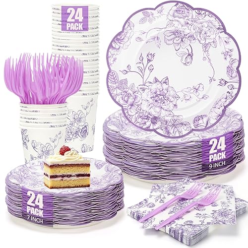 120Pcs Lavender Floral Paper Plate and Napkins Party Supplies | 9''&7'' Disposable Purple White Chinoiserie Scalloped Plates Cups Napkins Forks