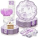 120Pcs Lavender Floral Paper Plate and Napkins Party Supplies | 9''&7'' Disposable Purple White Chinoiserie Scalloped Plates Cups Napkins Forks
