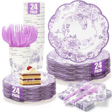 120Pcs Lavender Floral Paper Plate and Napkins Party Supplies | 9''&7'' Disposable Purple White Chinoiserie Scalloped Plates Cups Napkins Forks