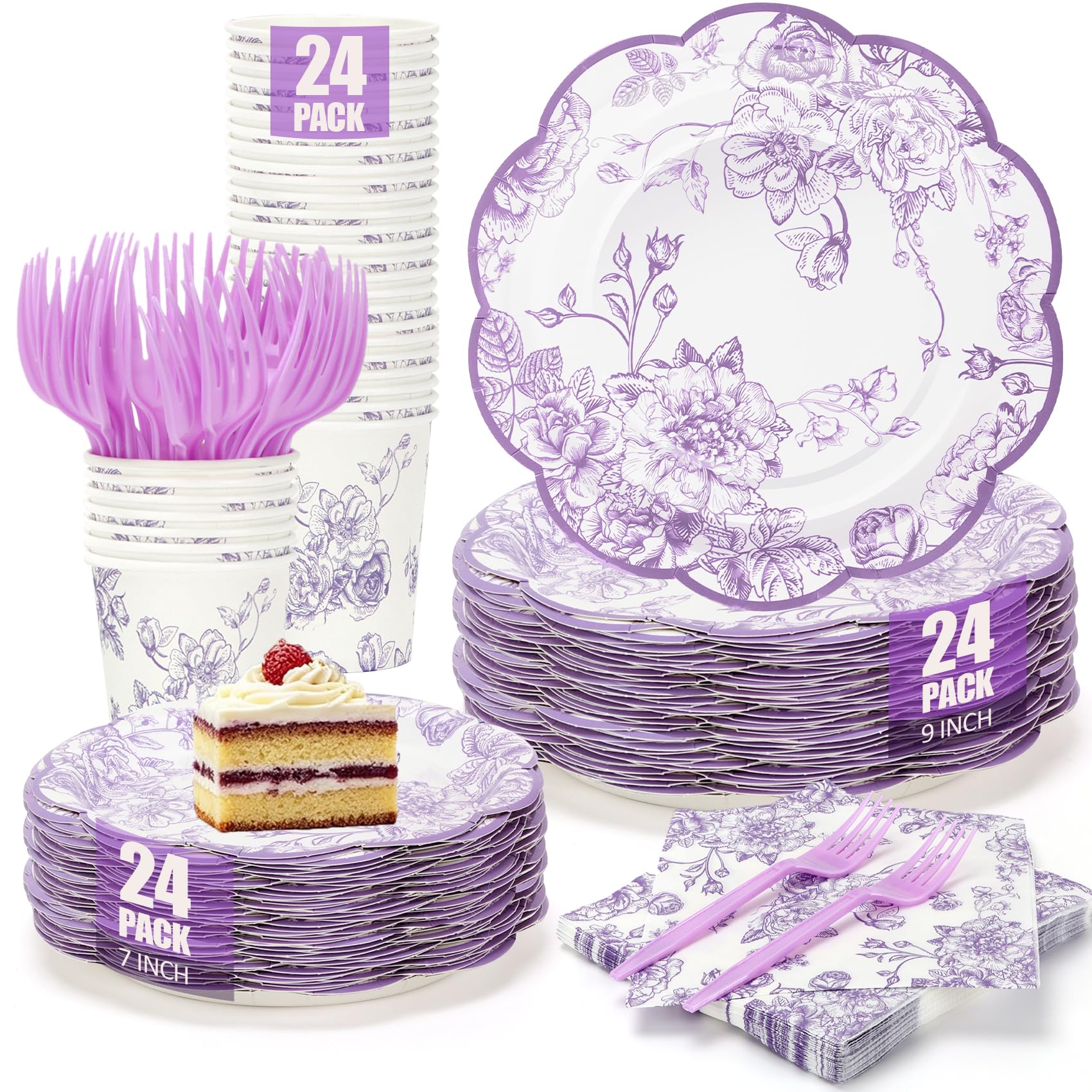 120Pcs Lavender Floral Paper Plate and Napkins Party Supplies | 9''&7'' Disposable Purple White Chinoiserie Scalloped Plates Cups Napkins Forks