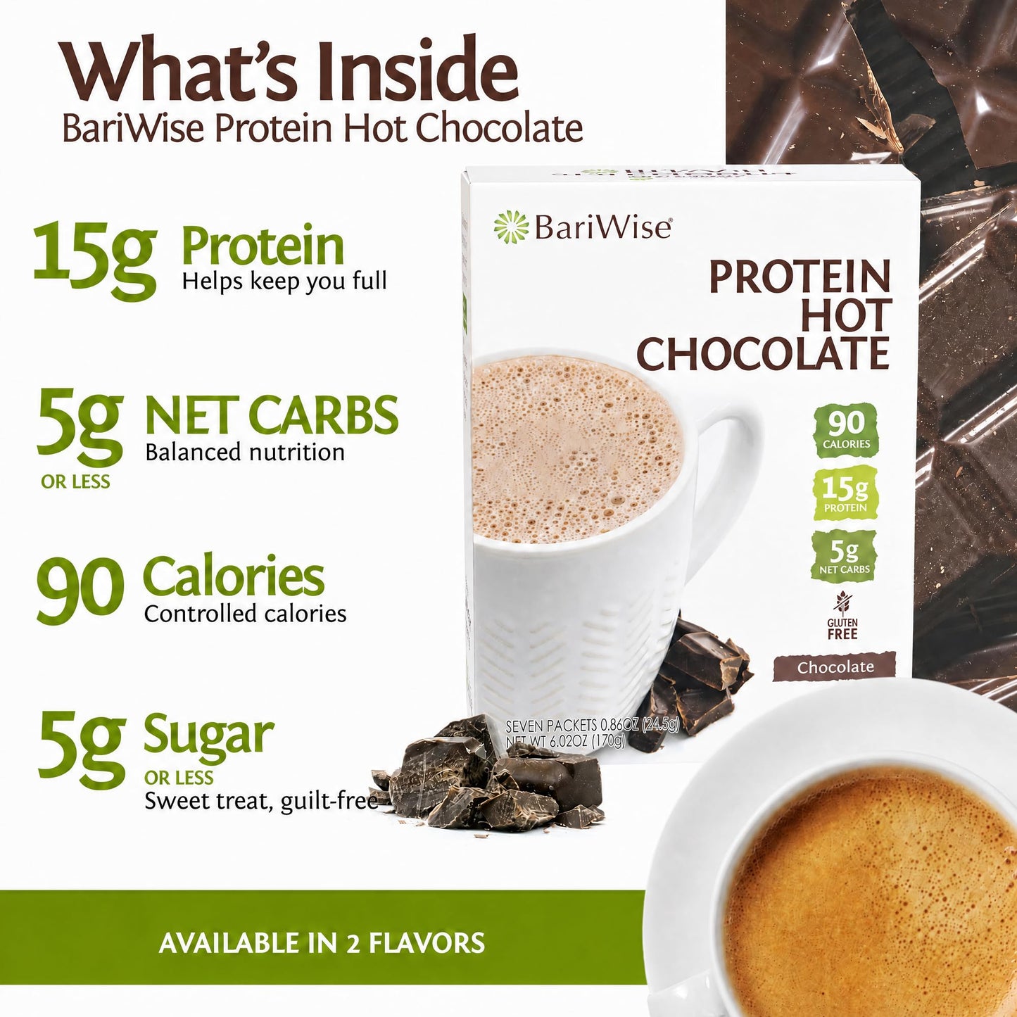 BariWise Protein Hot Chocolate, Hot Cocoa, Low Sugar, Low Carb, Keto Friendly & Gluten Free (7ct)