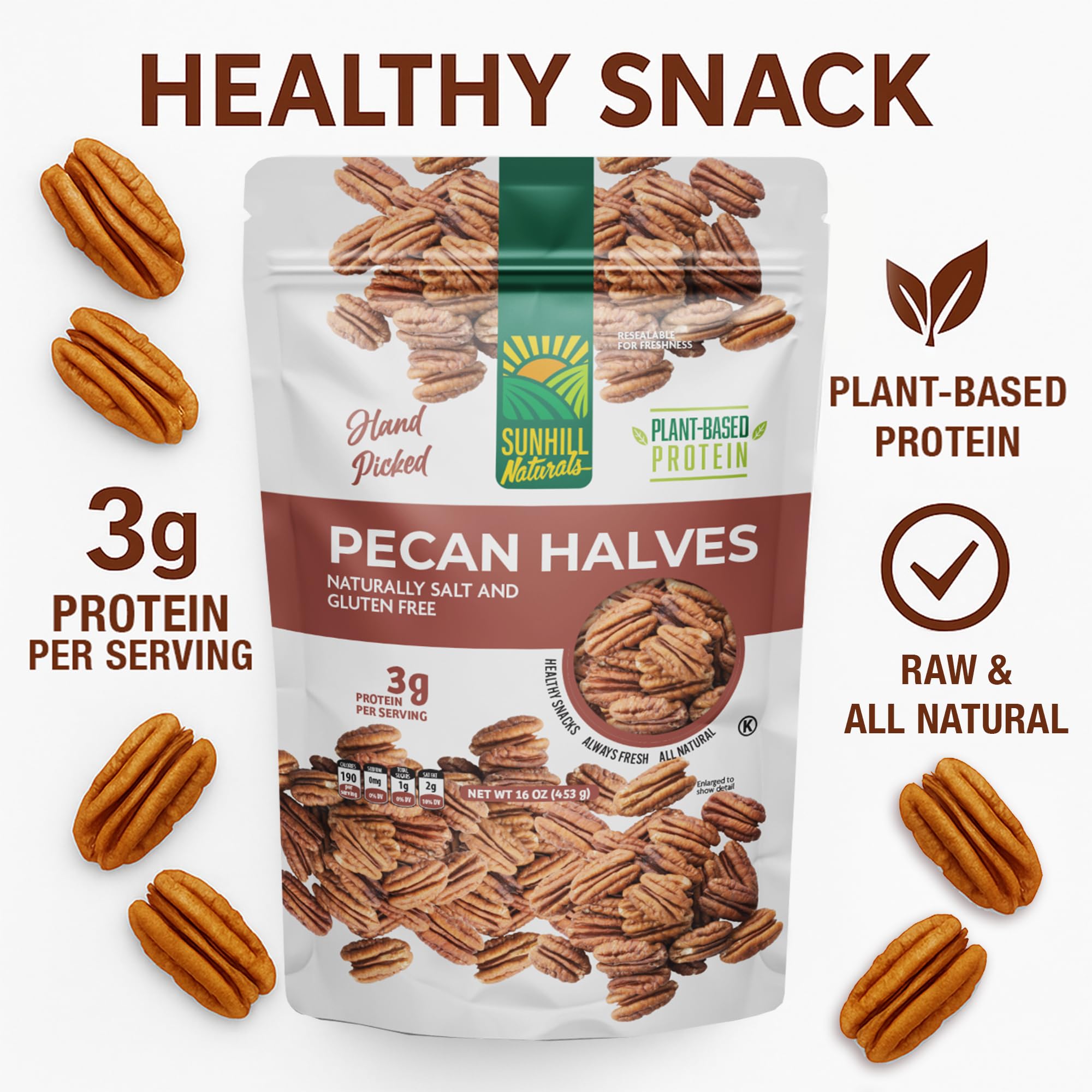 Sunhill Naturals Raw Pecan Halves | Premium Unsalted Pecan Nuts | Healthy Snacking | Fresh Fancy Junior Mammoth Halves
