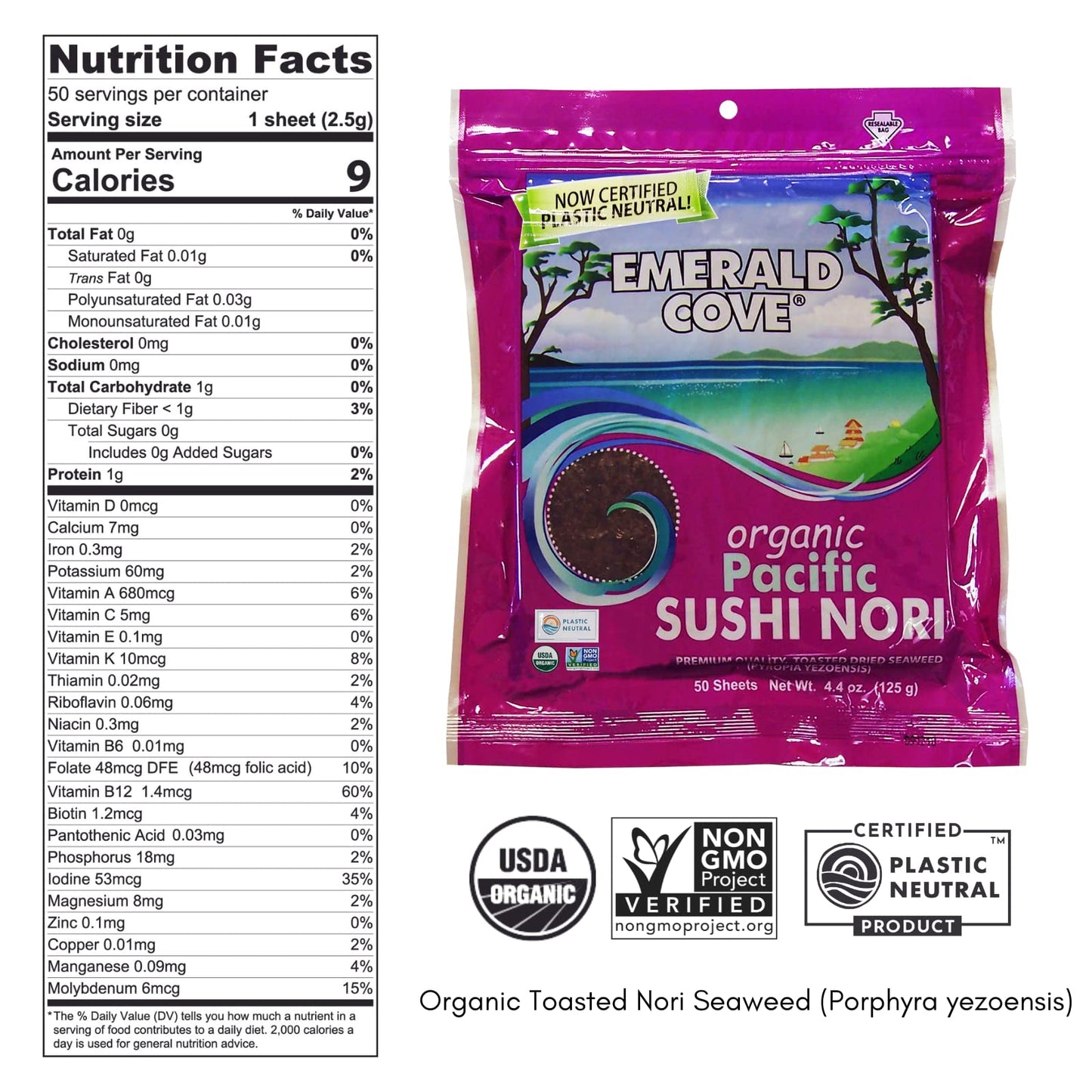 Emerald Cove Organic Nori Sheets for Sushi, Onigiri, Wraps, Non-GMO, Roasted Nori, Resealable Package, Product of Korea, 50 Sheets (1 pack)