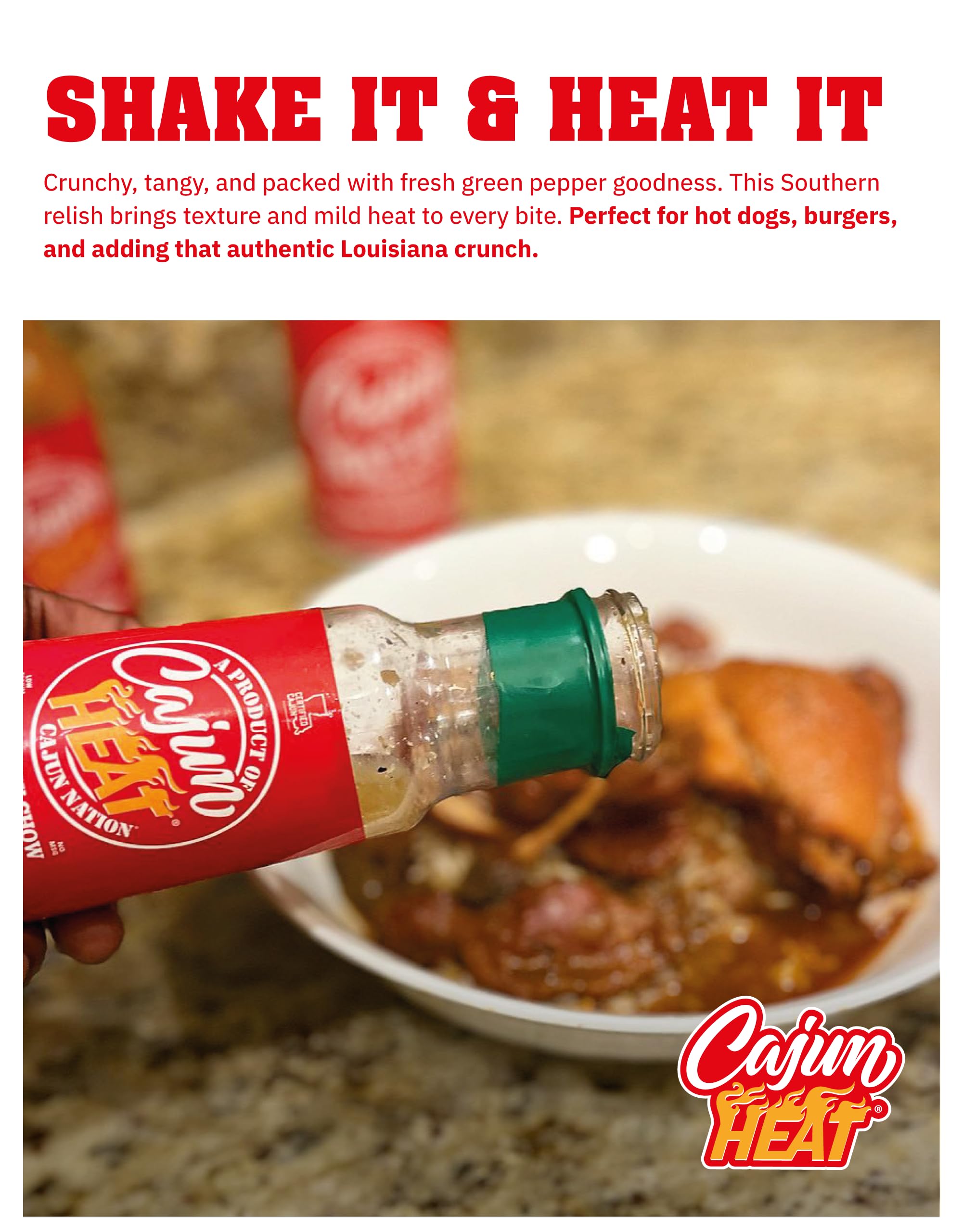 Cajun Nation CAJUN HEAT Green Chow Chow Relish 6oz - Crushed Green Pepper & Onion Spicy Relish, No MSG, Low Sodium- Zesty Tangy Pepper Flavor from