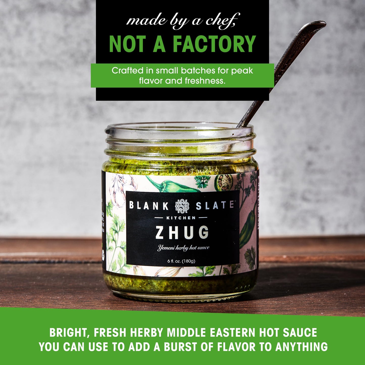Blank Slate Kitchen Zhug (6 oz) | Spicy Middle Eastern Herby Green Hot Sauce (Yemeni Skhug) | Vegan & Gluten-free | Blend of Jalapenos, Cilantro