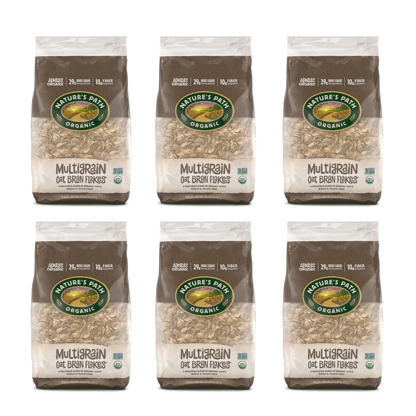 Nature's Path Organic Multigrain Oat Bran Flakes Cereal, 32 oz (Pack of 6), Non-GMO, Earth Friendly Packaging