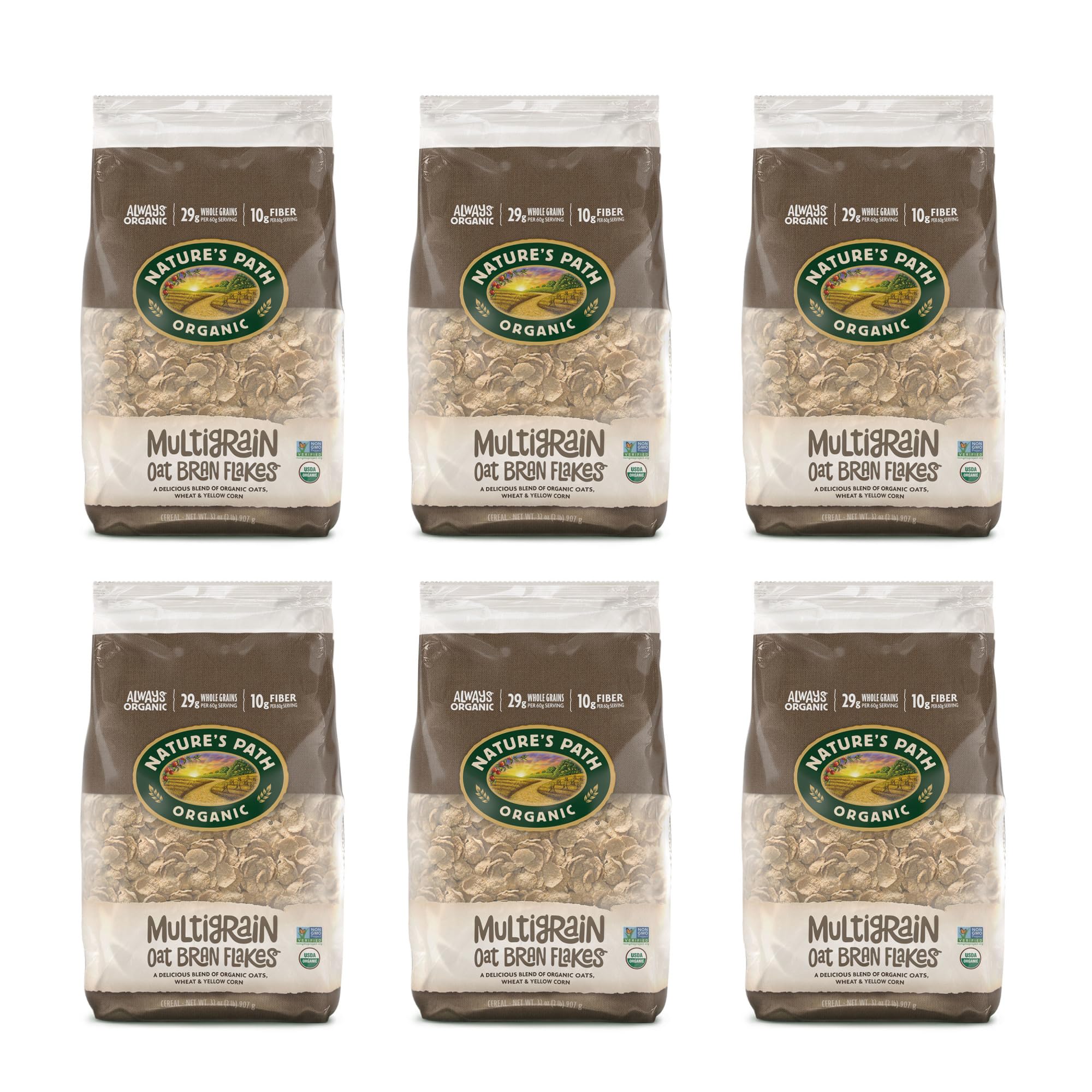 Nature's Path Organic Multigrain Oat Bran Flakes Cereal, 32 oz (Pack of 6), Non-GMO, Earth Friendly Packaging