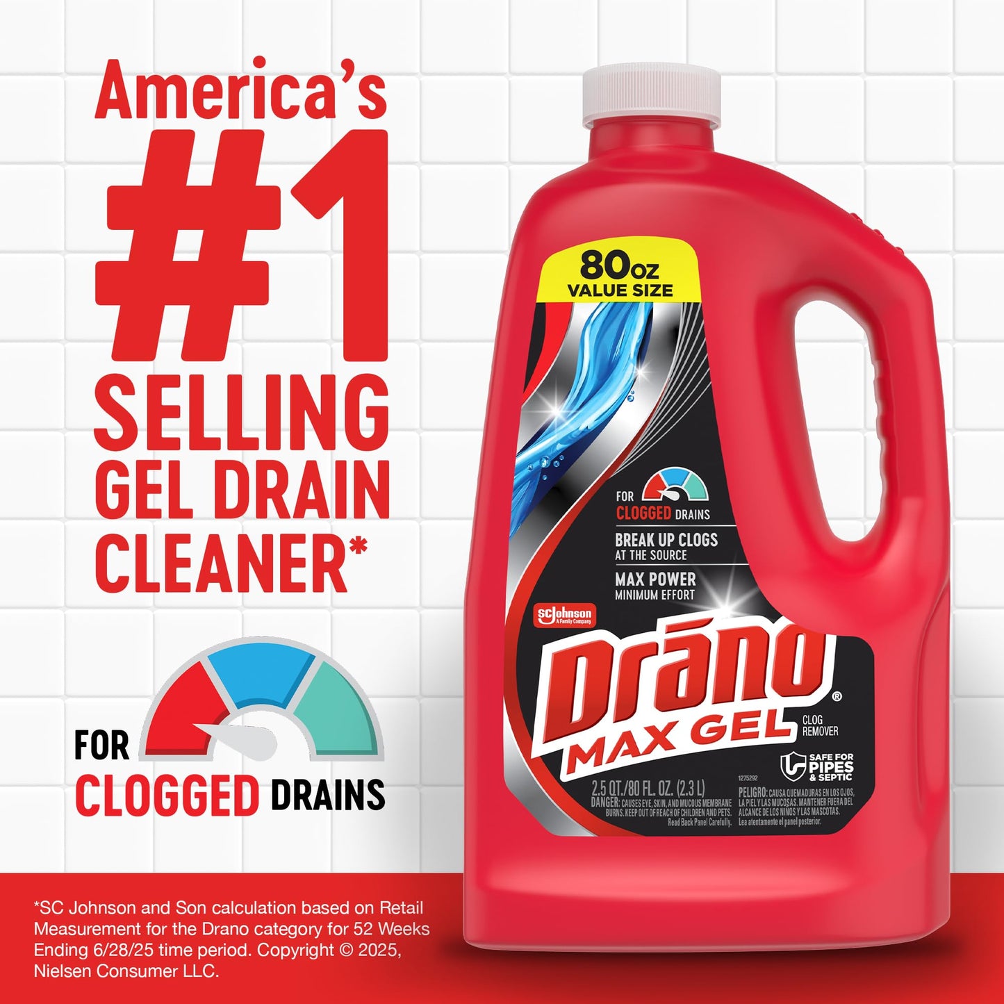 Drano Max Gel Drain Clog Remover & Cleaner, Fast-Acting to Unclog Standing Water & Remove Hair, Grease & Food Blockages, Safe for all Pipes & Septic