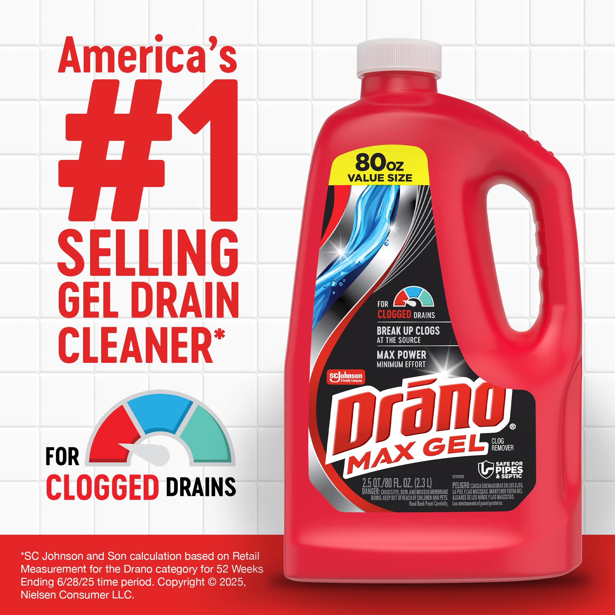 Drano Max Gel Drain Clog Remover & Cleaner, Fast-Acting to Unclog Standing Water & Remove Hair, Grease & Food Blockages, Safe for all Pipes & Septic