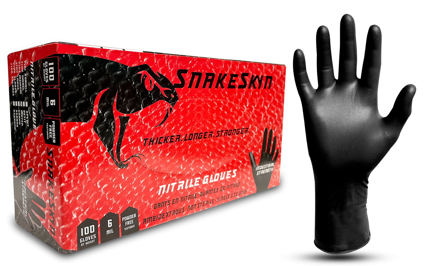 SNAKESKYN Black Nitrile Gloves 6-MIL THICK industrial grade 100/box Latex Free & Powder Free textured grip aka snakeskin - X-Large
