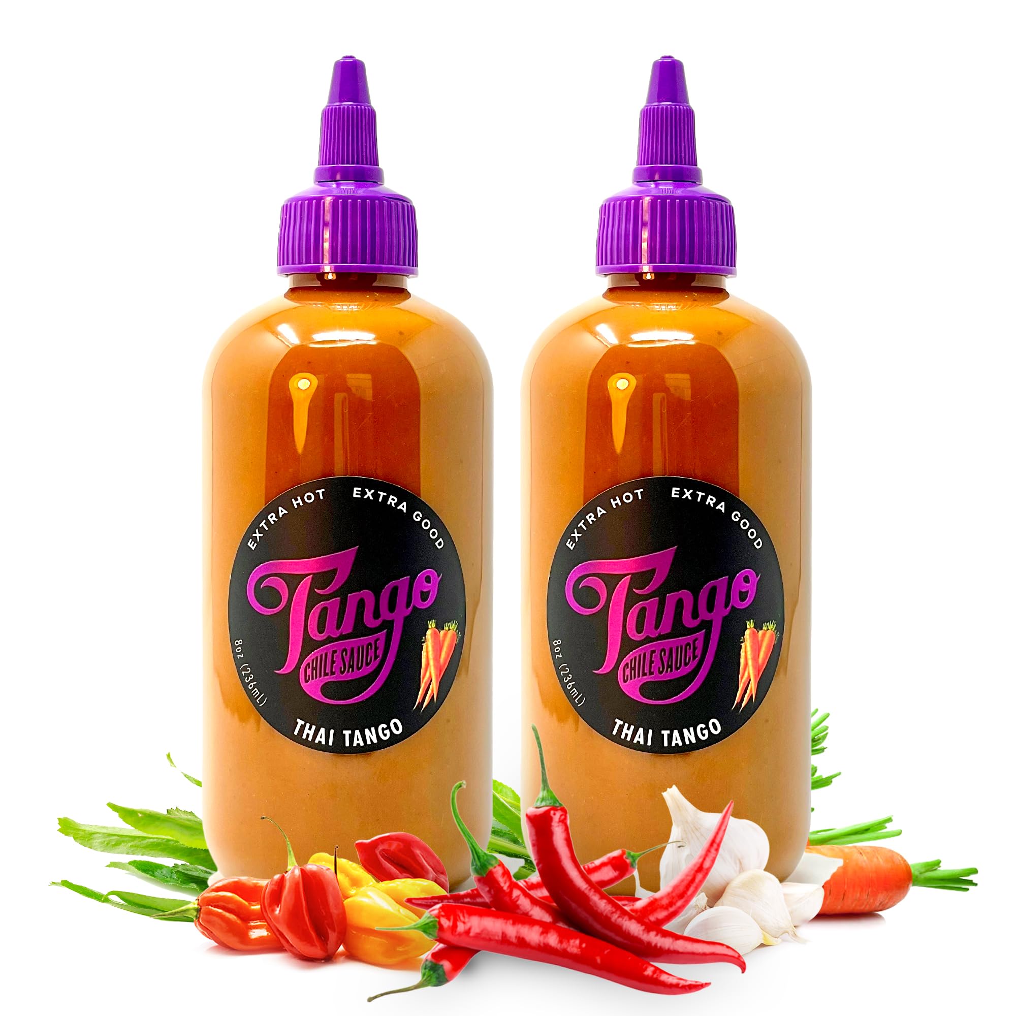 Thai Tango 2-Pack - Thai Chili with Garlic & Lime - Carrot-Based Hot Sauce - Vegan, Gluten-Free, Small Batch - Two 8 oz Bottles