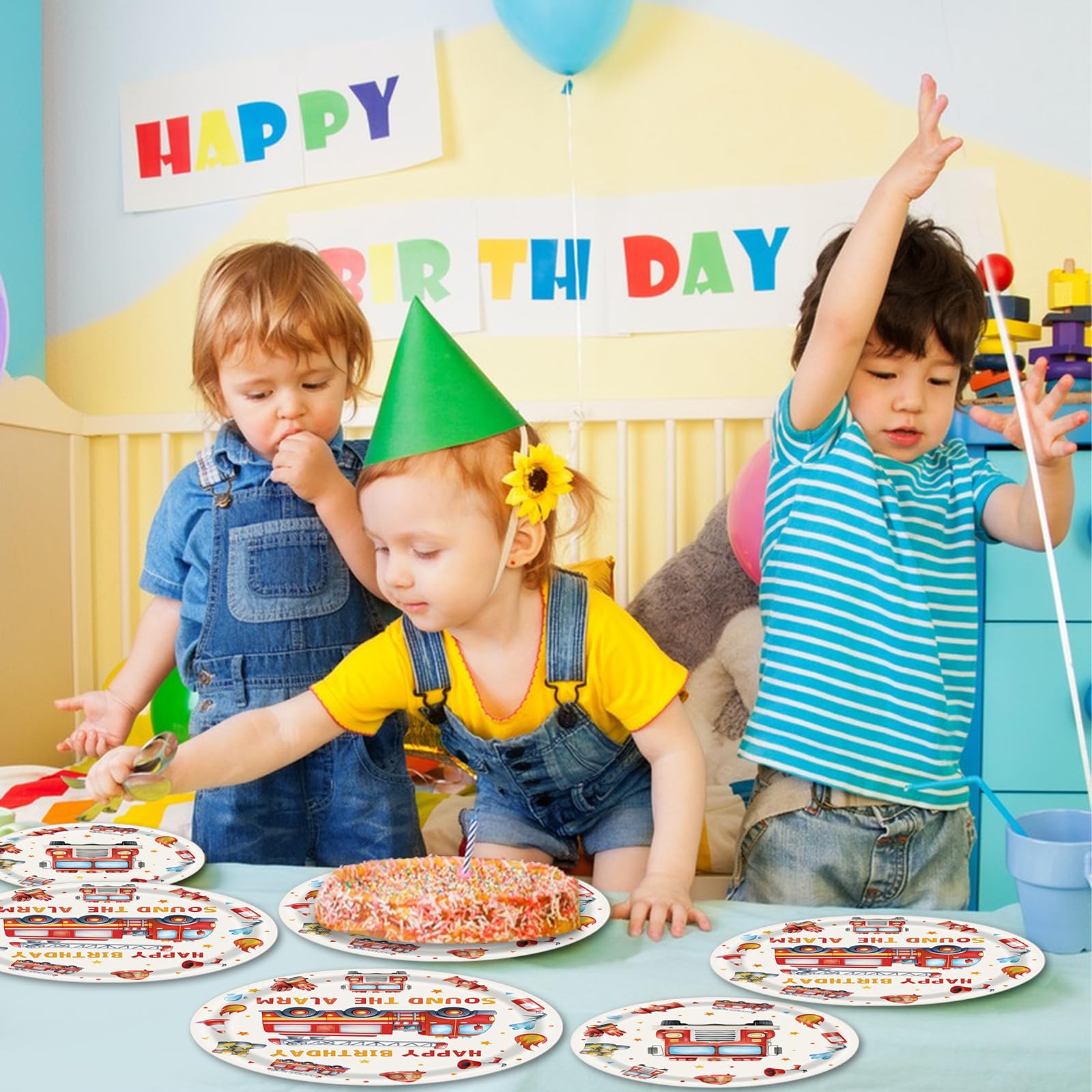 Herytem 100 Pcs Fire Truck Birthday Tableware Party Supplies - Disposable Firefighter Dinnerware Set with Paper Plates, Napkins, and Forks for Rescue