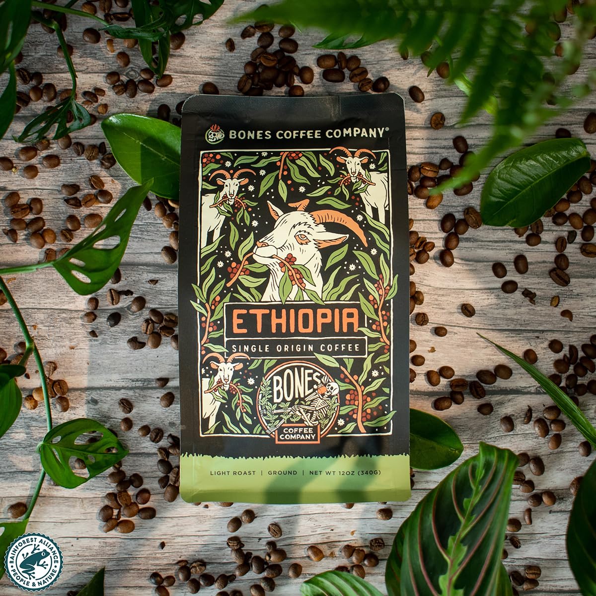 Bones Coffee Company Ethiopia Single-Origin, Citrus, Floral and Berries Notes, Ground Coffee Beans, Low Acid Light Roast Arabica Beans Flavored