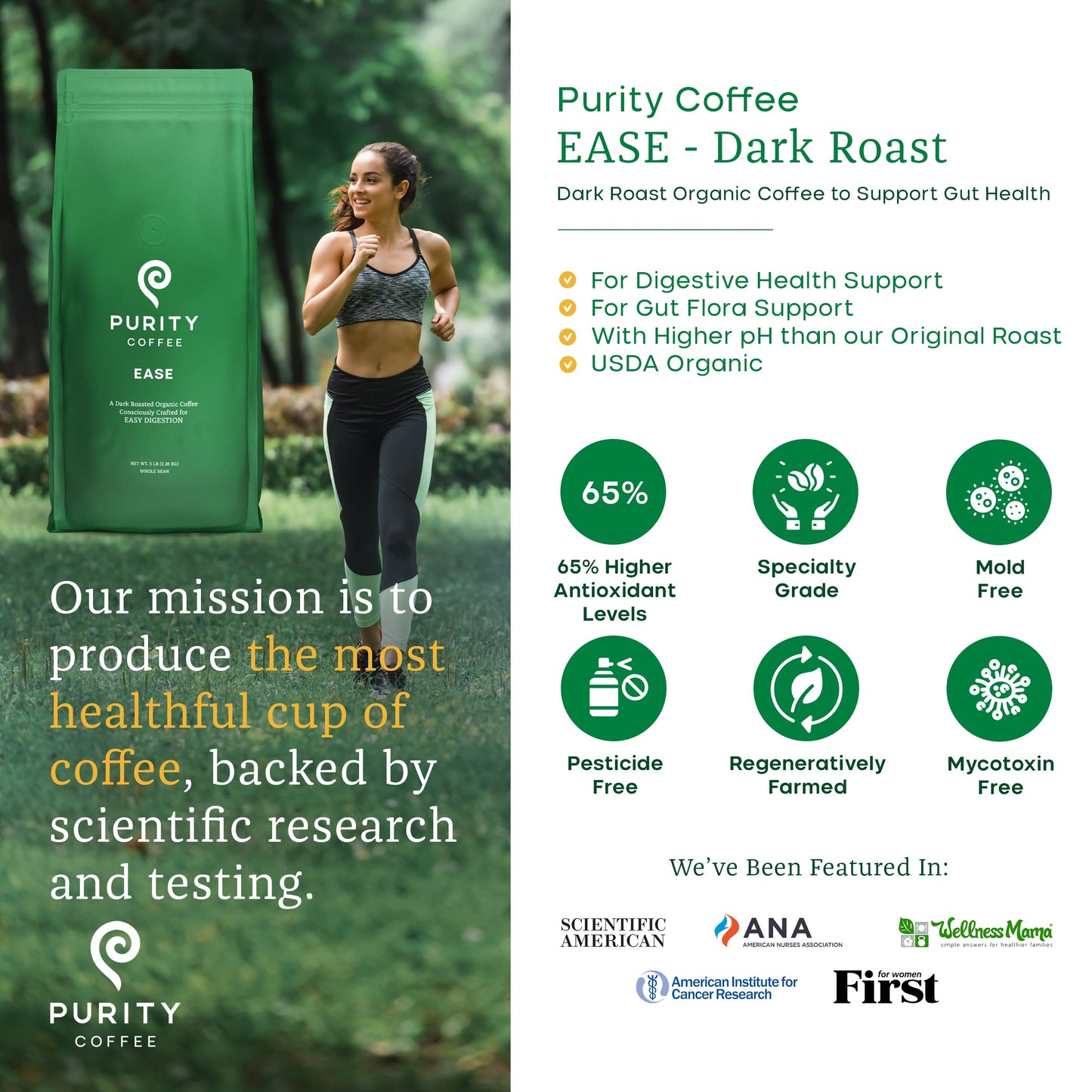 Purity Coffee EASE Low Acid Dark Roast Whole Bean (5lb Bag) | Specialty-Grade USDA Organic Arabica Blend | Third Party Tested for Mold, Mycotoxins