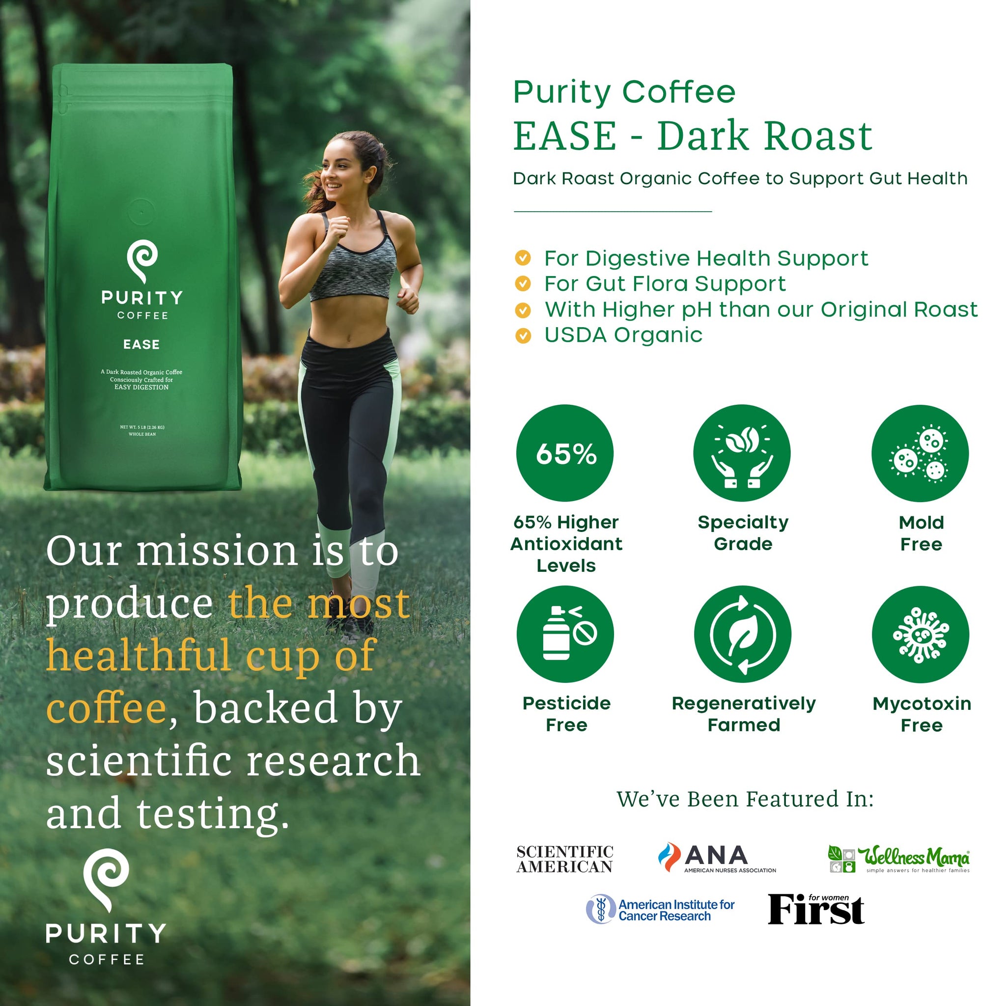 Purity Coffee EASE Low Acid Dark Roast Whole Bean (5lb Bag) | Specialty-Grade USDA Organic Arabica Blend | Third Party Tested for Mold, Mycotoxins
