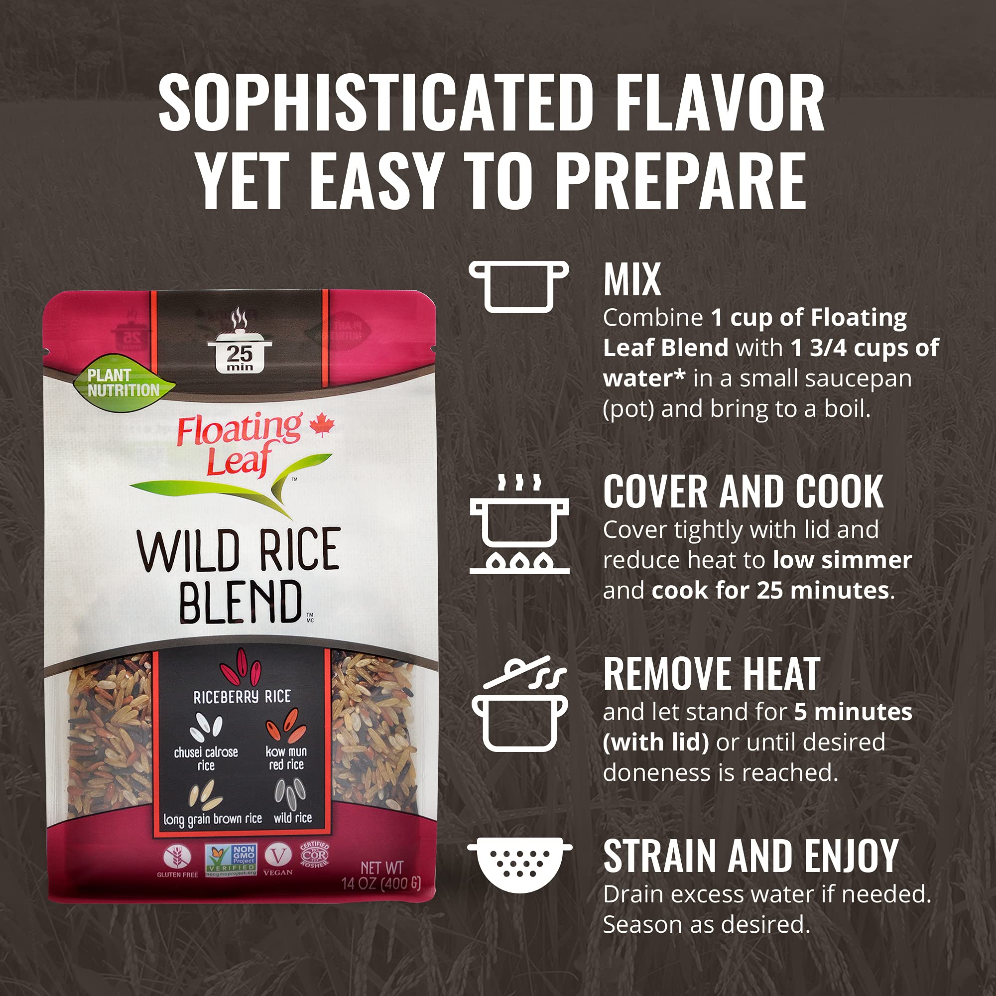 Floating Leaf Wild Rice Blend - 14 ounces, 1 count - Wild Rice Blend With Riceberry, Red Rice And Brown Rices - Gluten Free - Non GMO - All Natural - Vegan - Plant Based