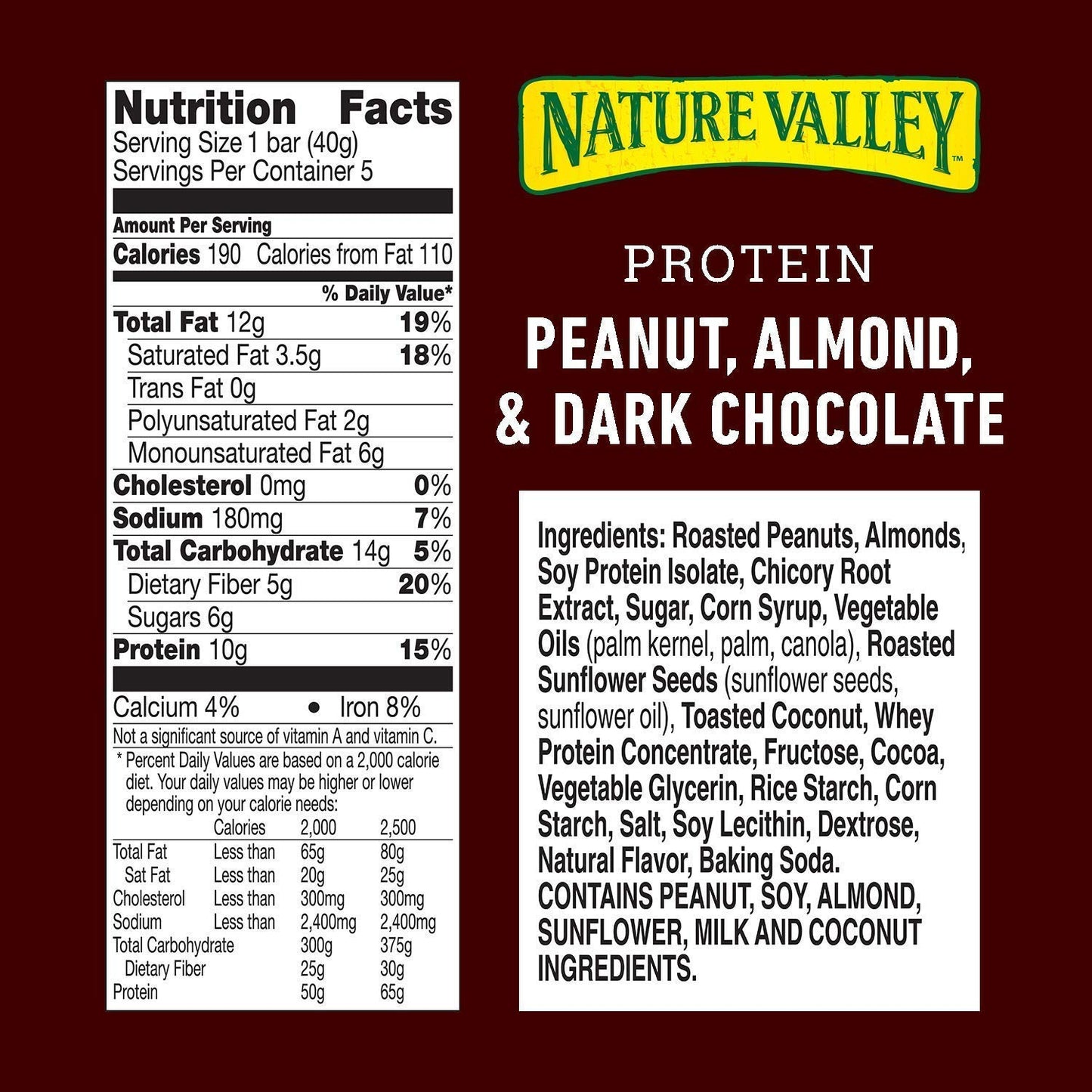 Nature Valley Chewy Granola Bar, Protein, Peanut, Almond and Dark Chocolate, Gluten Free, 1.4 Oz, 5 Bars (24 Boxes)
