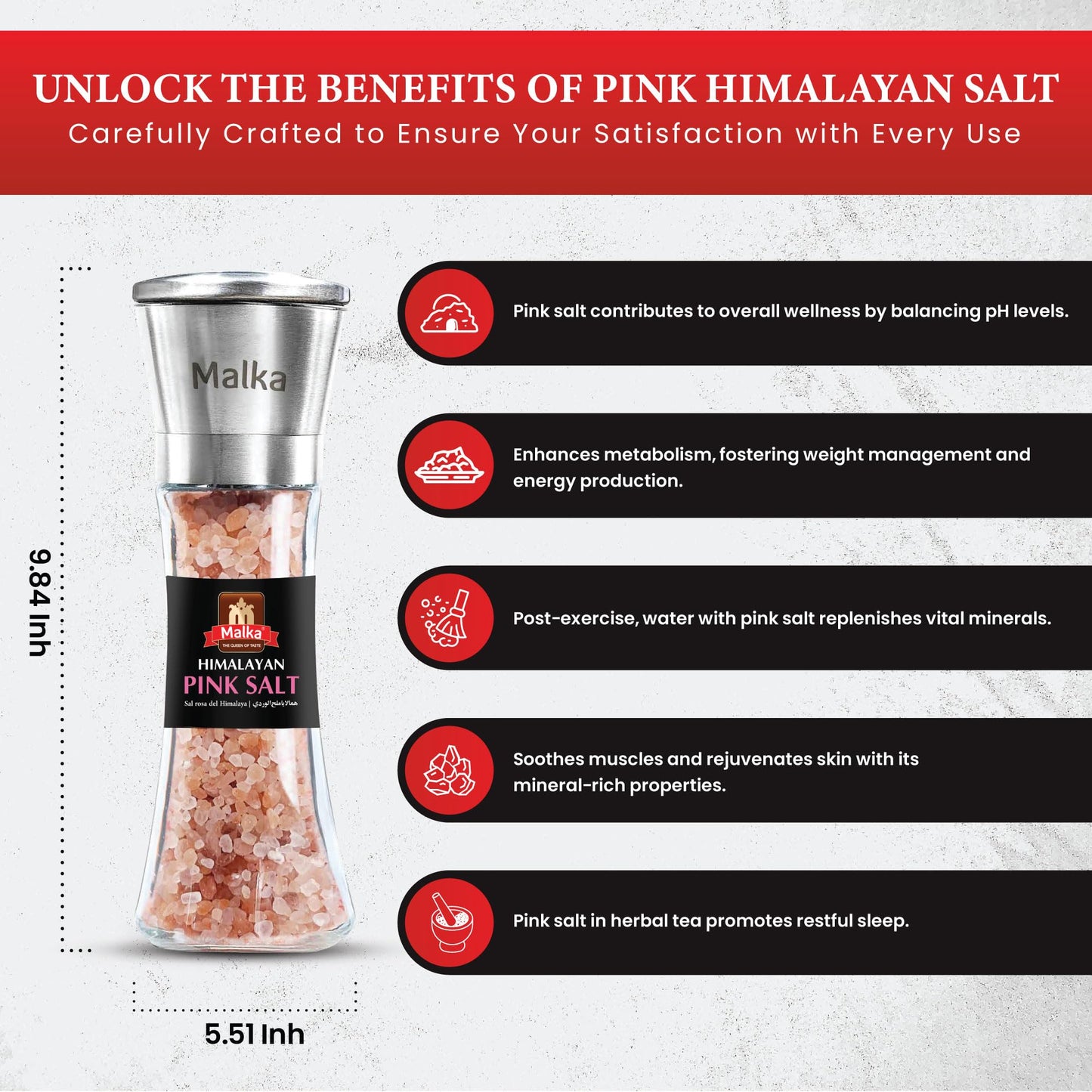 Malka Pink Salt Grinder Manual Bundle - Coarse Pre-filled Himalayan Pink Salt Grinders - Adjustable Glass Salt Grinders - Himalayan Salt Grinder