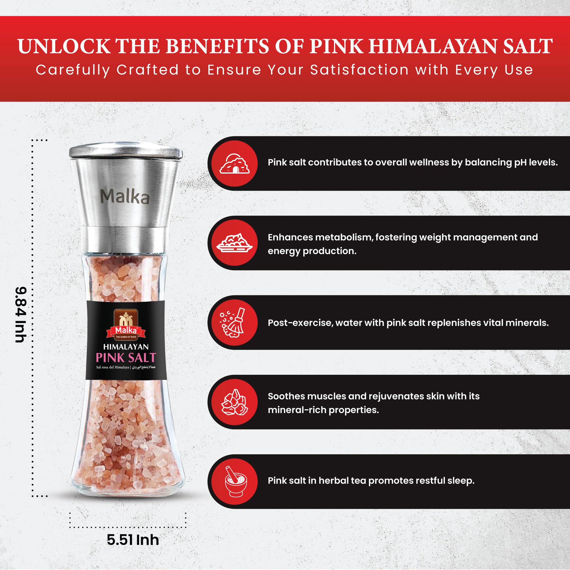 Malka Pink Salt Grinder Manual Bundle - Coarse Pre-filled Himalayan Pink Salt Grinders - Adjustable Glass Salt Grinders - Himalayan Salt Grinder