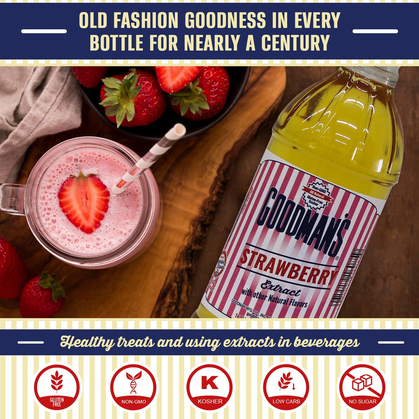 Goodman's Natural Strawberry Extract - Gluten-Free, Non-GMO, Kosher, Low Carb & Low Calorie, Low Alcohol, No Artificial Color, No Animal Products, No
