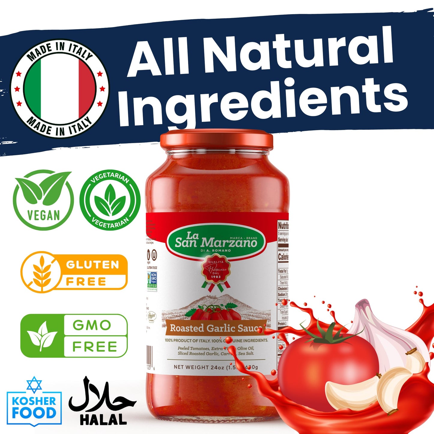 La San Marzano Roasted Garlic Sauce, 24 oz, Pasta Sauce Made in Italy, All Purpose Tomato Premium Quality, All Natural, Mediterranean Diet, Non GMO