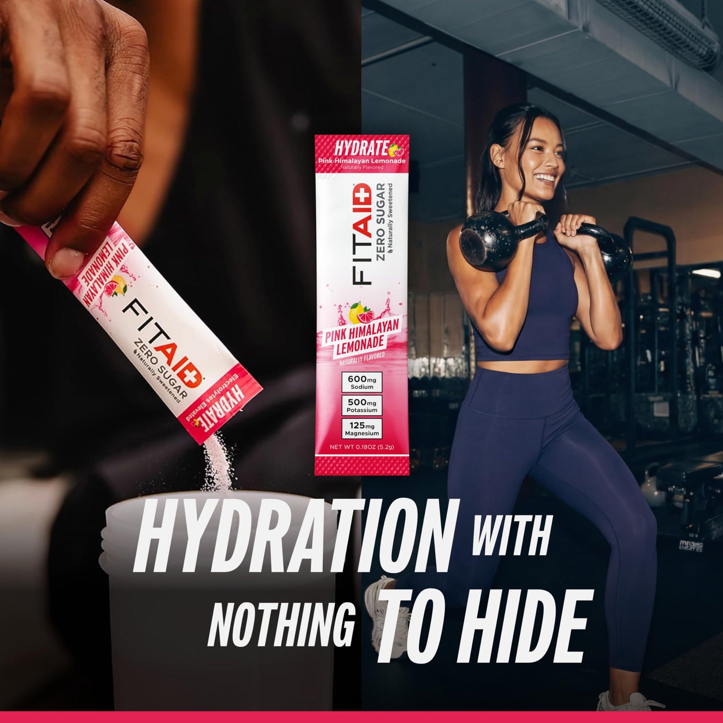 LIFEAID FITAID Hydrate Clean Electrolyte Mix, Zero Sugar, Balanced Electrolyte Ratios: 600mg Sodium, 500mg Potassium, 125mg Magnesium, Pink Lemonade