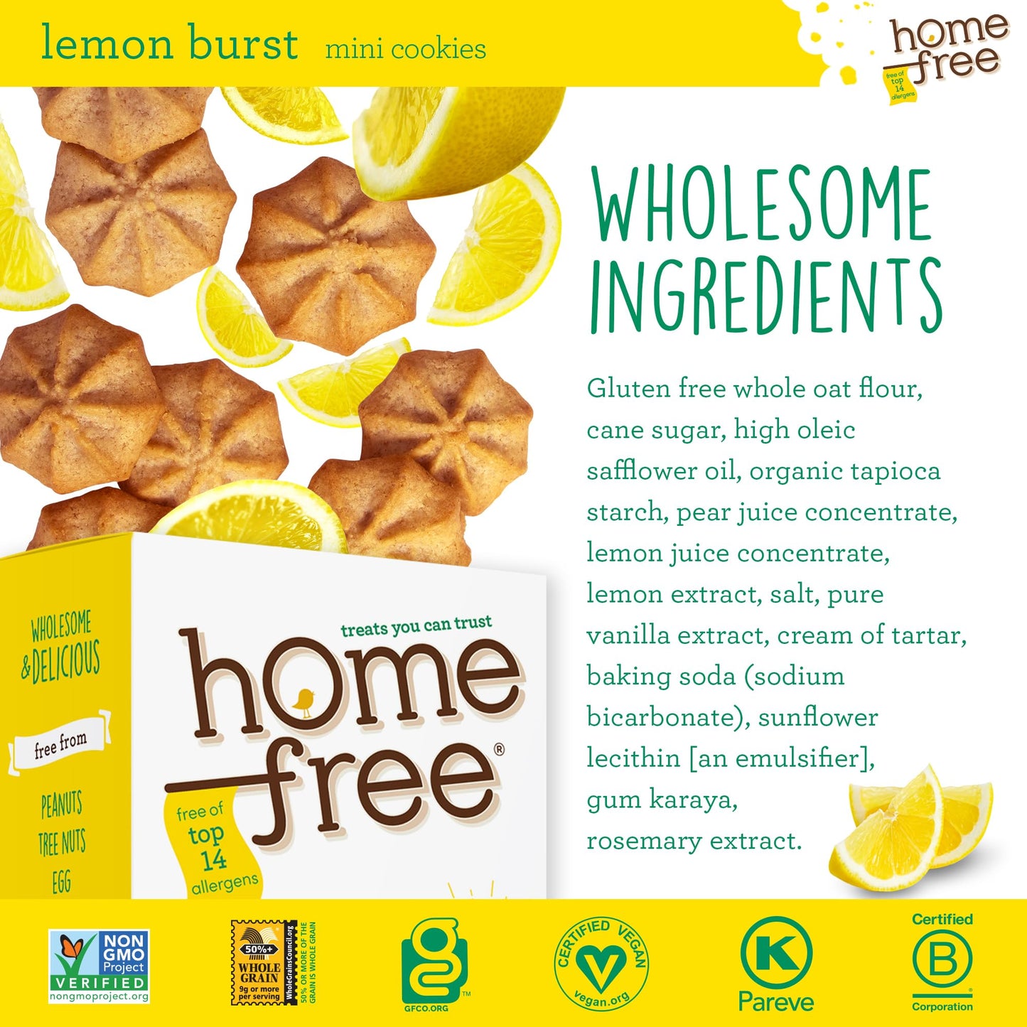Homefree Mini Lemon Burst Cookies, Gluten Free, Nut Free, Vegan, School Safe and Allergy Friendly Snacks, 5 Oz Box (Pack of 1), Produced In USA