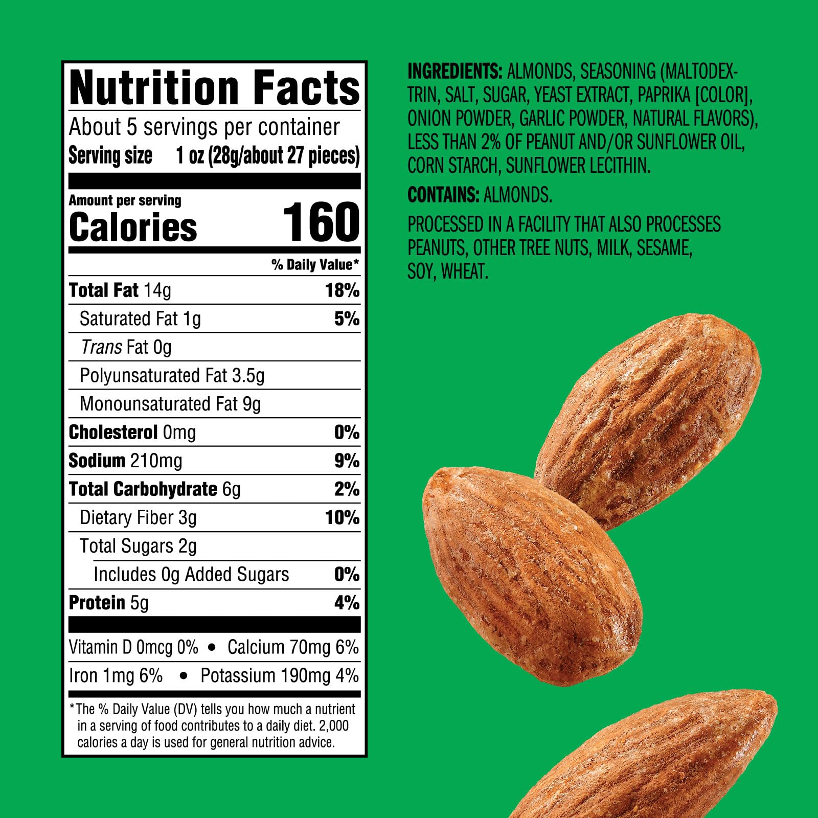 Emerald Nuts Dry Roasted Almonds (1-Pack) | 5 Oz Resealable Bag | Plant-Based Protein, Kosher Certified, Non-GMO | Contains No Artificial