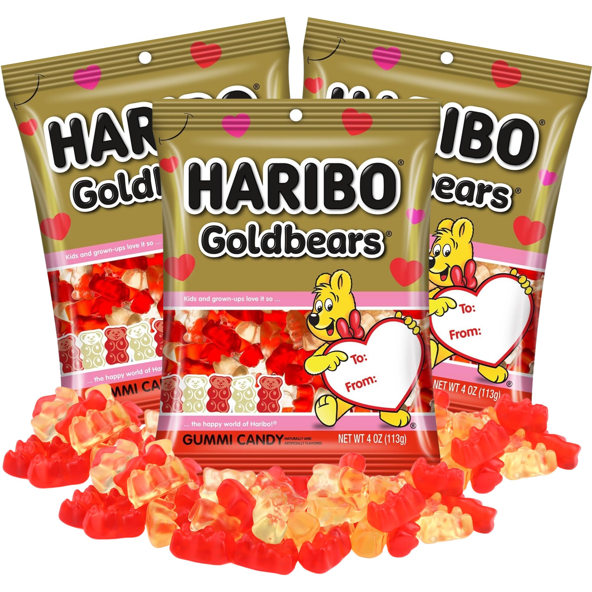 Haribo Valentine's Day Gummy Goldbears, Assorted Fruit Flavors, Seasonal Candy Gift with To/From Section, 4 Ounces (Pack of 3)