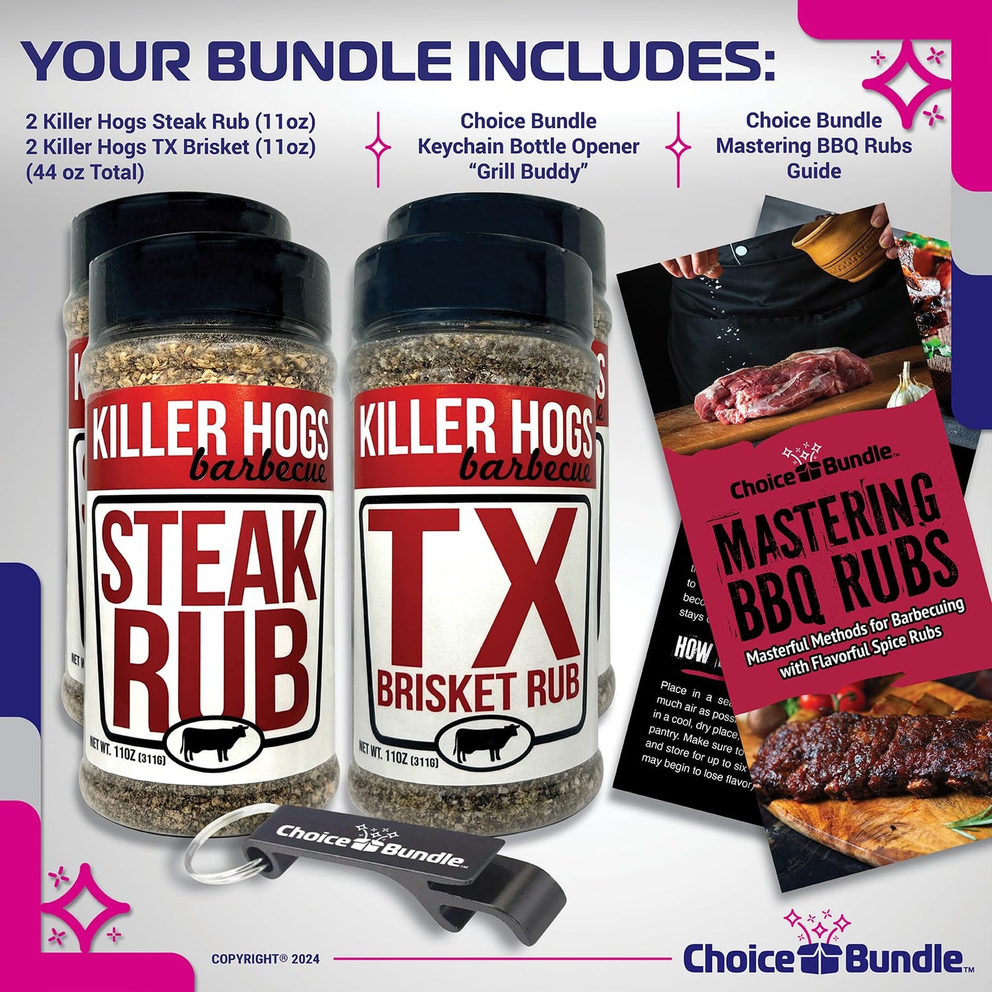 Killer Hogs Steak Rub & TX Texas Brisket Rub Premium BBQ Barbecue & Seasoning 4 pk Variety Choice Bundle (44 oz) + BBQ Guide & Keychain Bottle Opener