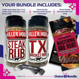 Killer Hogs Steak Rub & TX Texas Brisket Rub Premium BBQ Barbecue & Seasoning 4 pk Variety Choice Bundle (44 oz) + BBQ Guide & Keychain Bottle Opener
