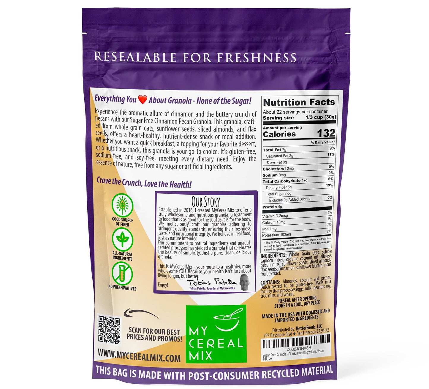 MyCerealMix Cinnamon Pecan Sugar-Free Granola, 6-Pack of 24 oz Bags (144 oz Total) - Keto & Diabetic-Friendly, Plant-Based, No Added Sugar, Allulose