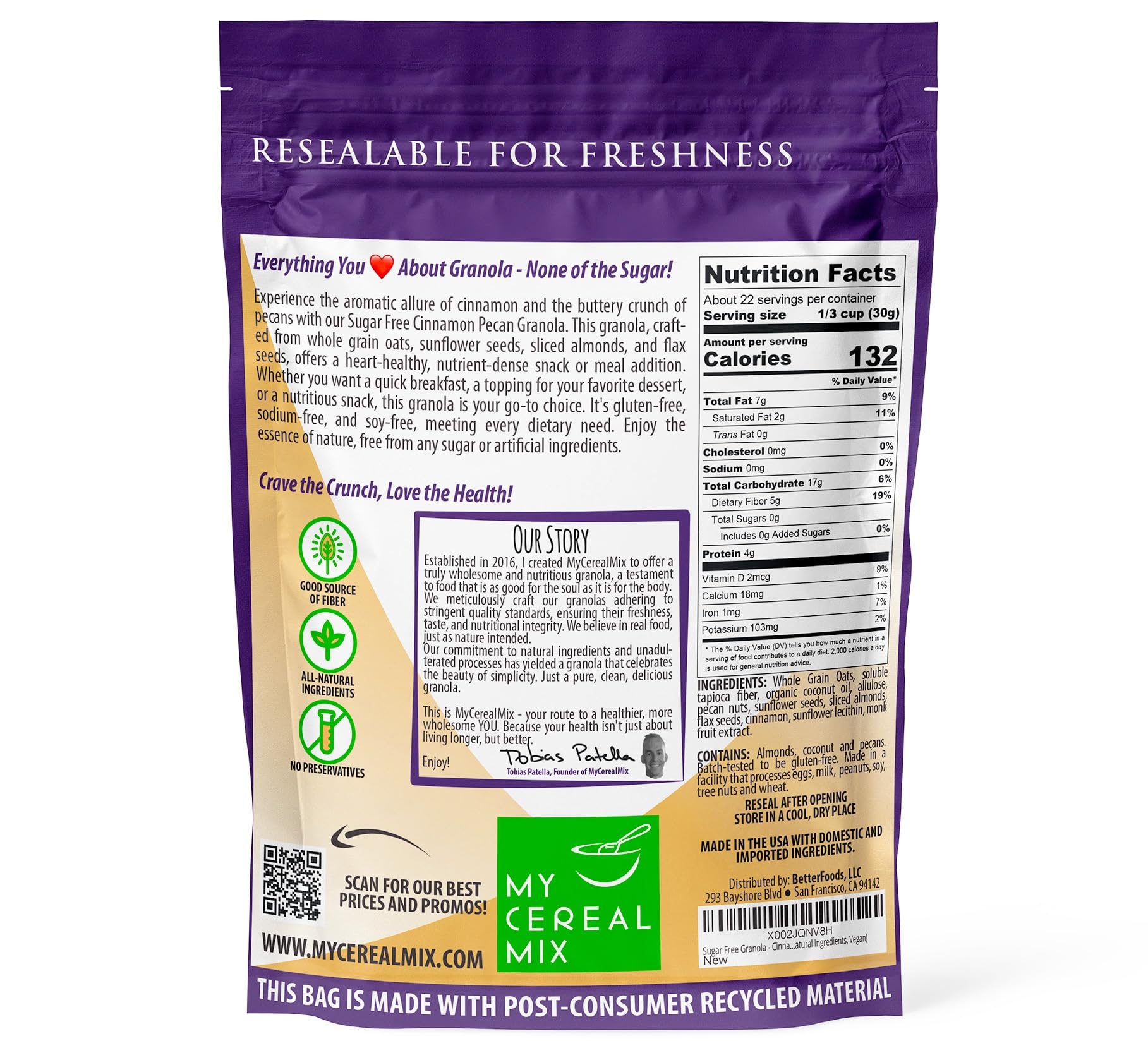 MyCerealMix Cinnamon Pecan Sugar-Free Granola, 6-Pack of 24 oz Bags (144 oz Total) - Keto & Diabetic-Friendly, Plant-Based, No Added Sugar, Allulose