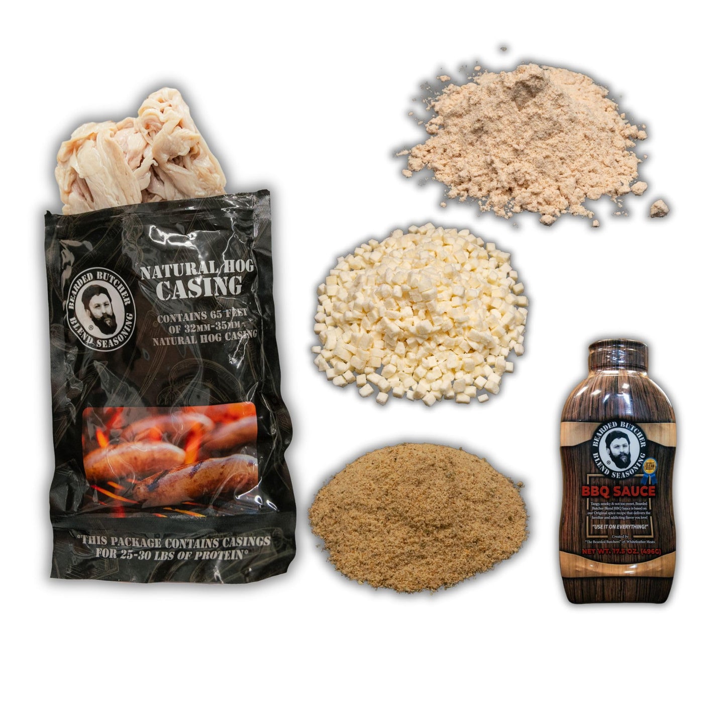 Bearded Butchers Hickory BBQ Bratwurst DIY Kit - Smoky Homemade Brats - Includes Classic Bratwurst Seasoning, Mozzarella, BBQ Sauce, Hickory Smoke
