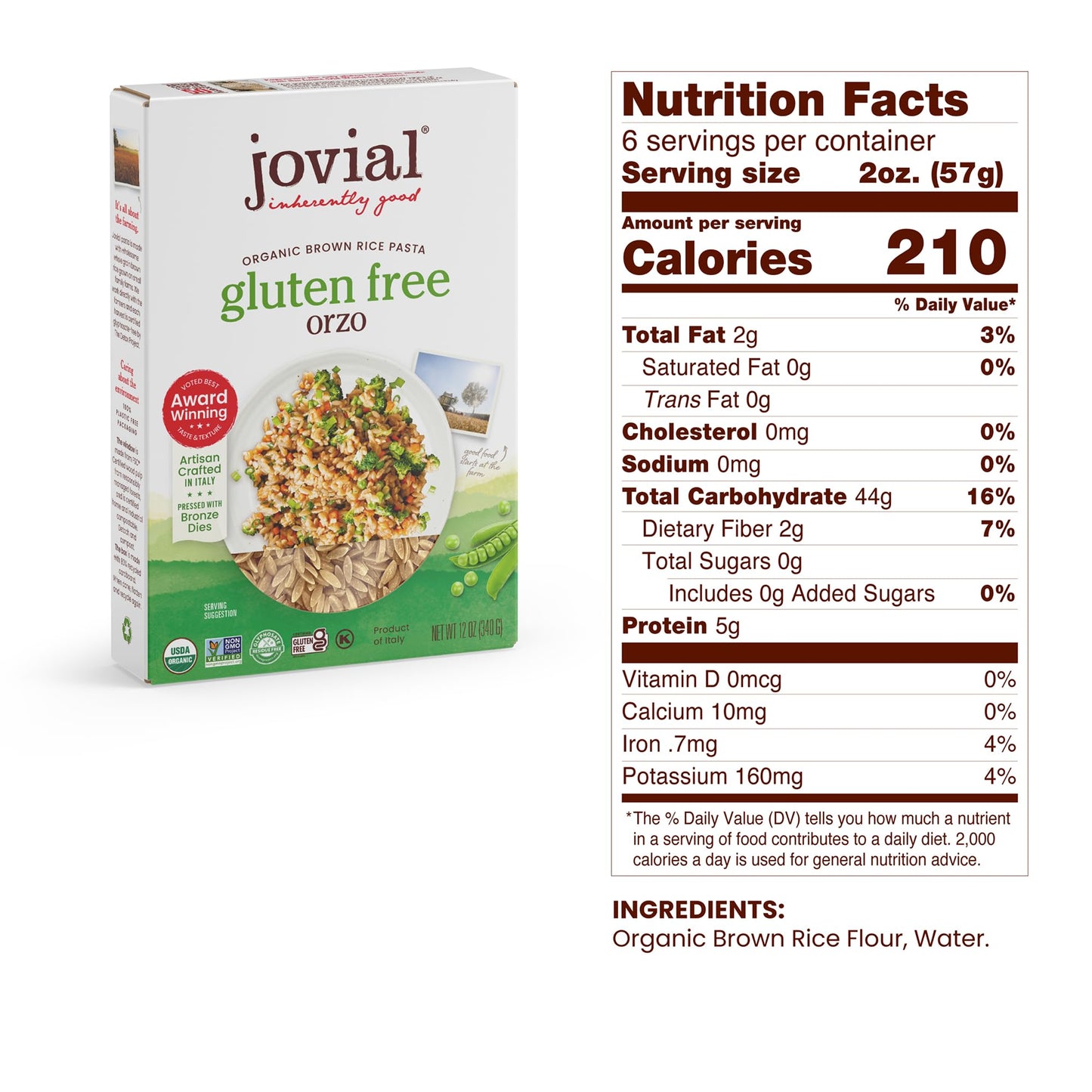 Jovial Organic Brown Rice Orzo Pasta - Gluten Free Whole Grain Orzo, Dairy Free, Made with 2 Ingredients, Non GMO, Artisan Crafted in Italy - 12 Oz